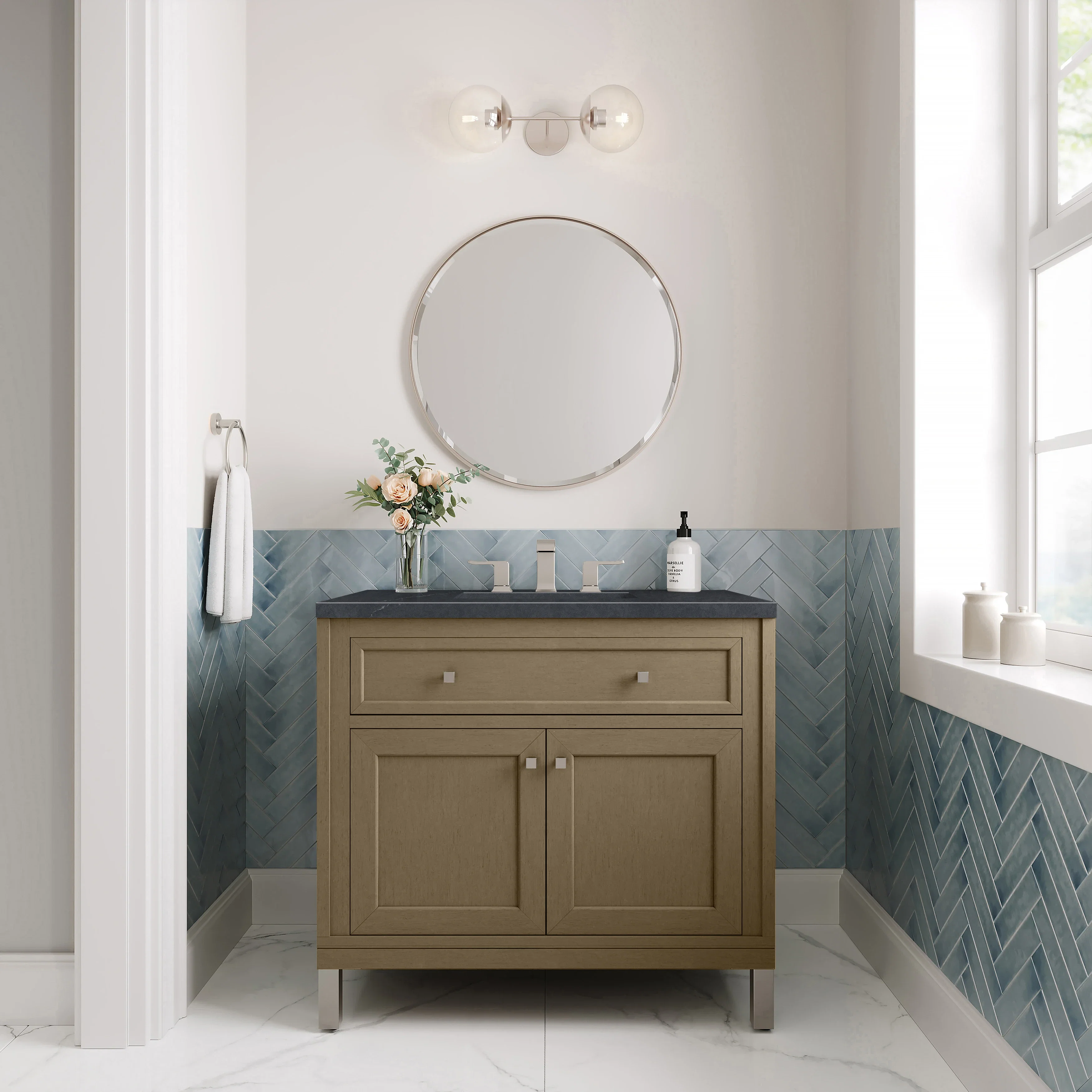 Chicago 36" Single Vanity, Walnut Whisper, w/ 3 CM Charcoal Soapstone Silestone® Top