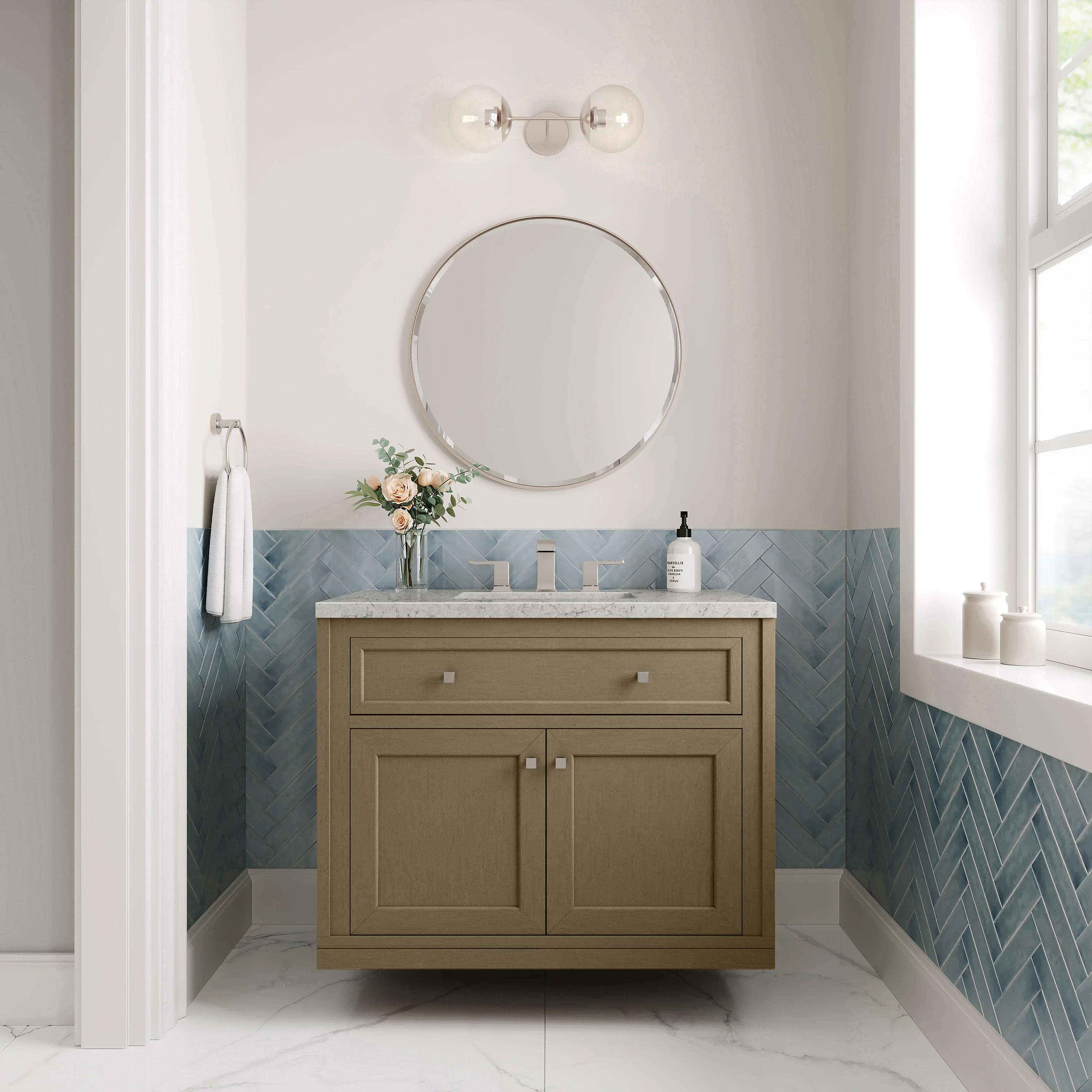 Chicago 36" Single Vanity, Walnut Whisper, w/ 3 CM Eternal Jasmine Pearl Silestone® Top