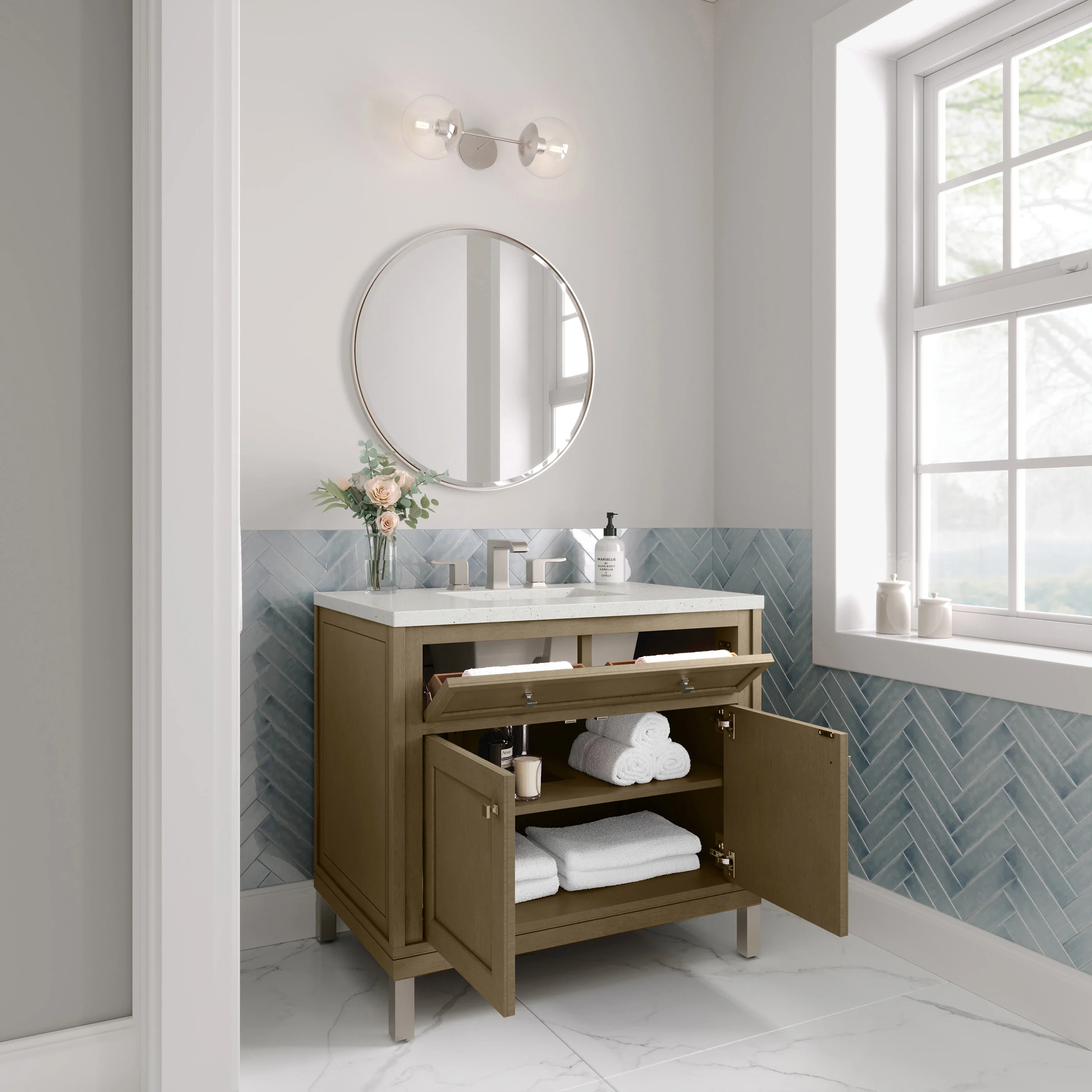 Chicago 36" Single Vanity, Walnut Whisper, w/ 3 CM Lime Delight Silestone® Top