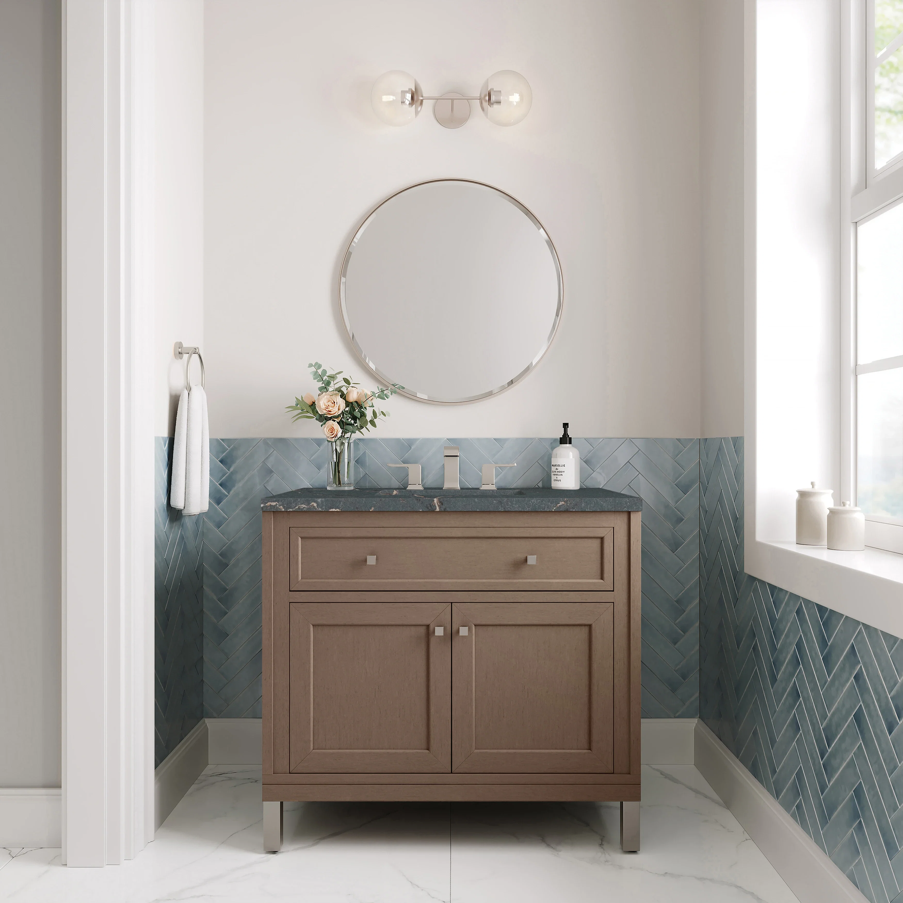 Chicago 36" Single Vanity, Walnut Whisper, w/ 3 CM Parisien Bleu Silestone® Top