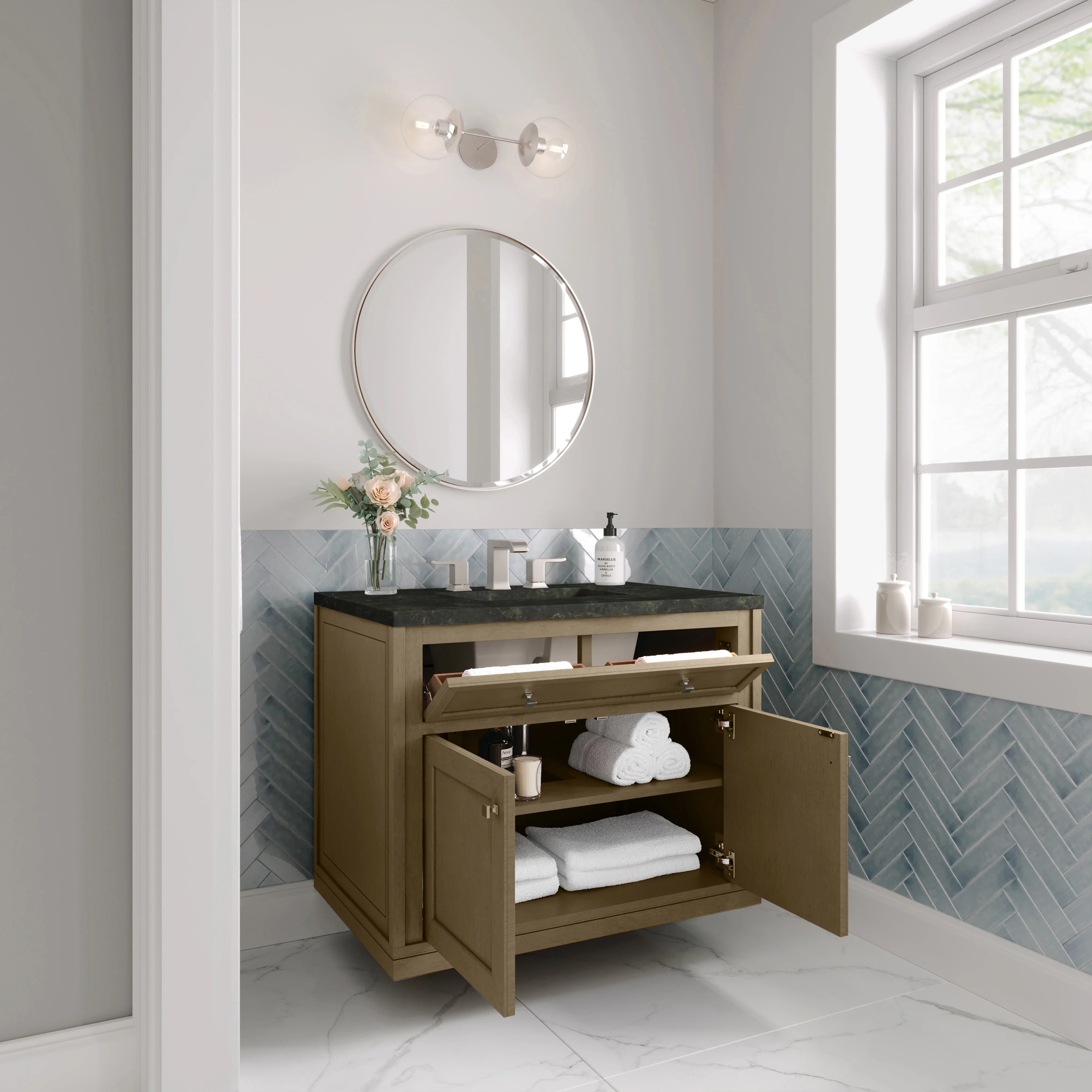 Chicago 36" Single Vanity, Walnut Whisper, w/ 3 CM Phantome Eclos Top