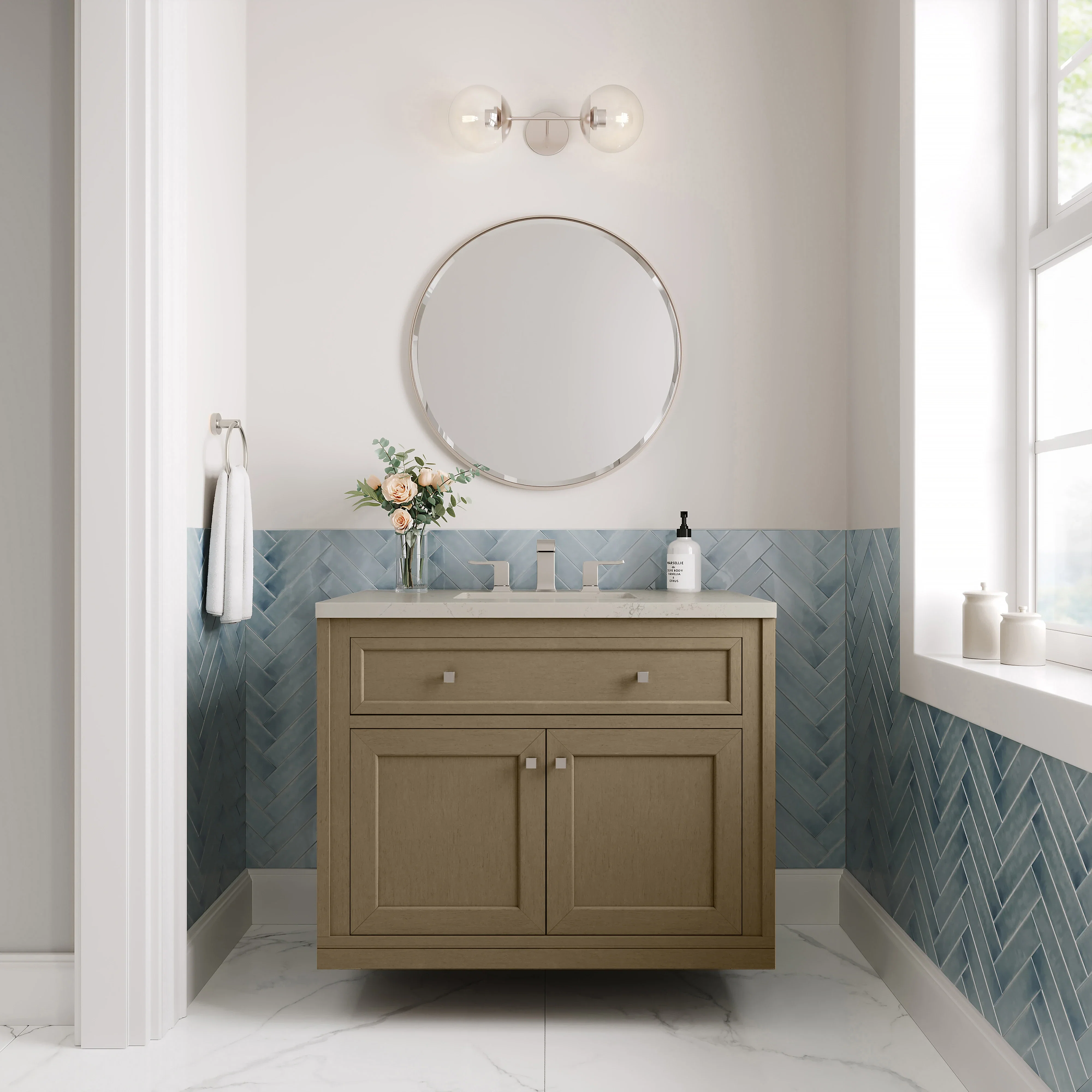 Chicago 36" Single Vanity, Walnut Whisper, w/ 3 CM Siberian Silestone Top