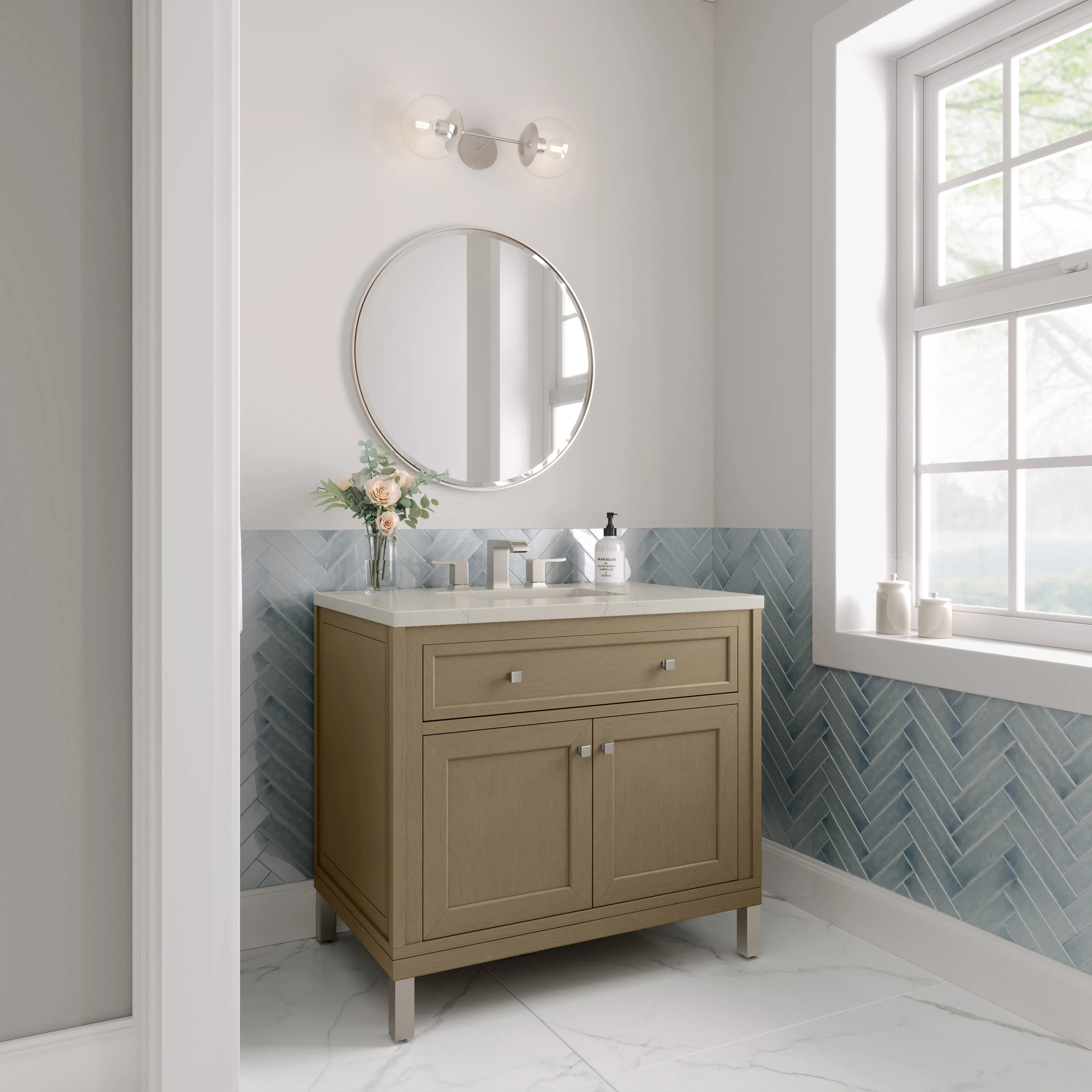 Chicago 36" Single Vanity, Walnut Whisper, w/ 3 CM Siberian Silestone Top