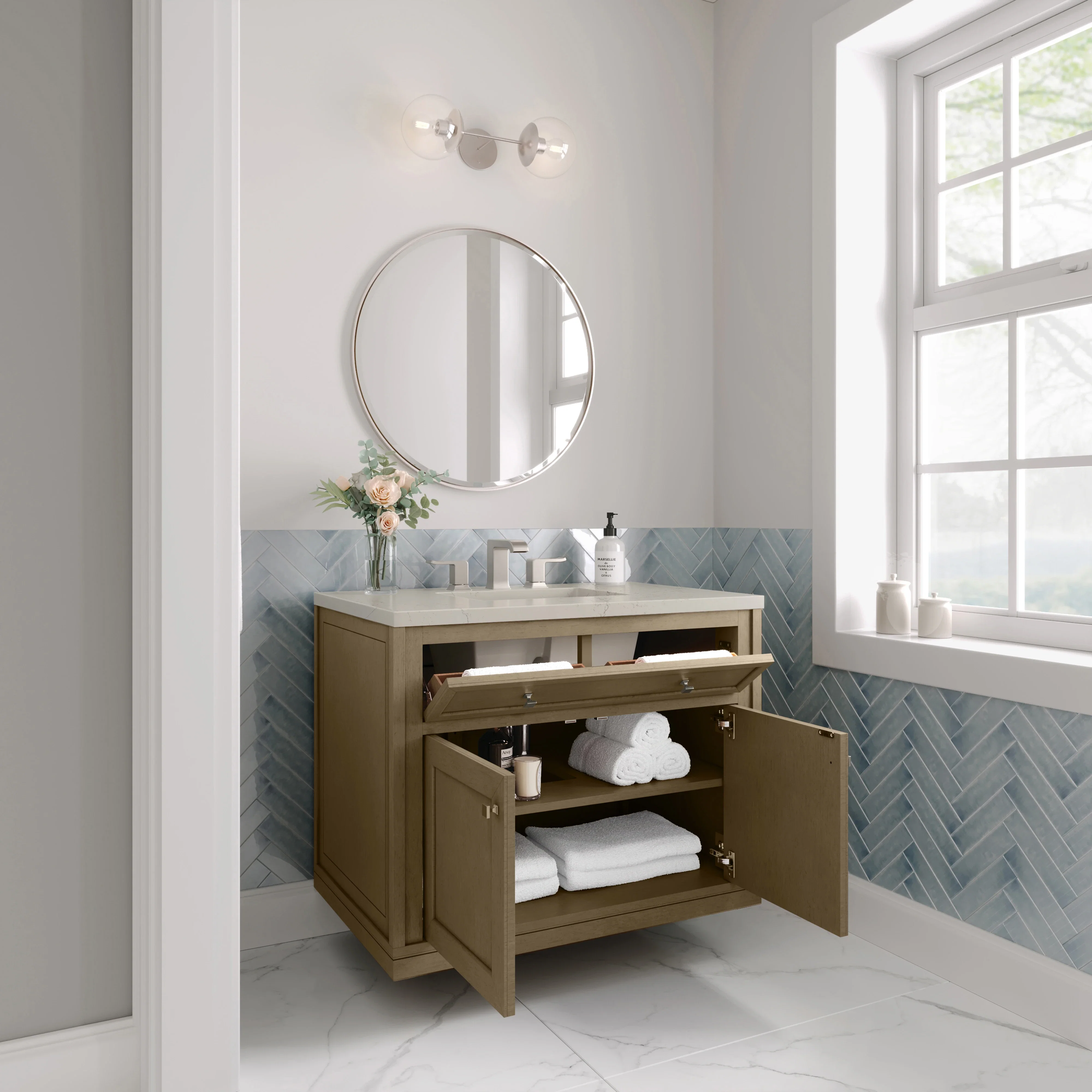 Chicago 36" Single Vanity, Walnut Whisper, w/ 3 CM Siberian Silestone Top