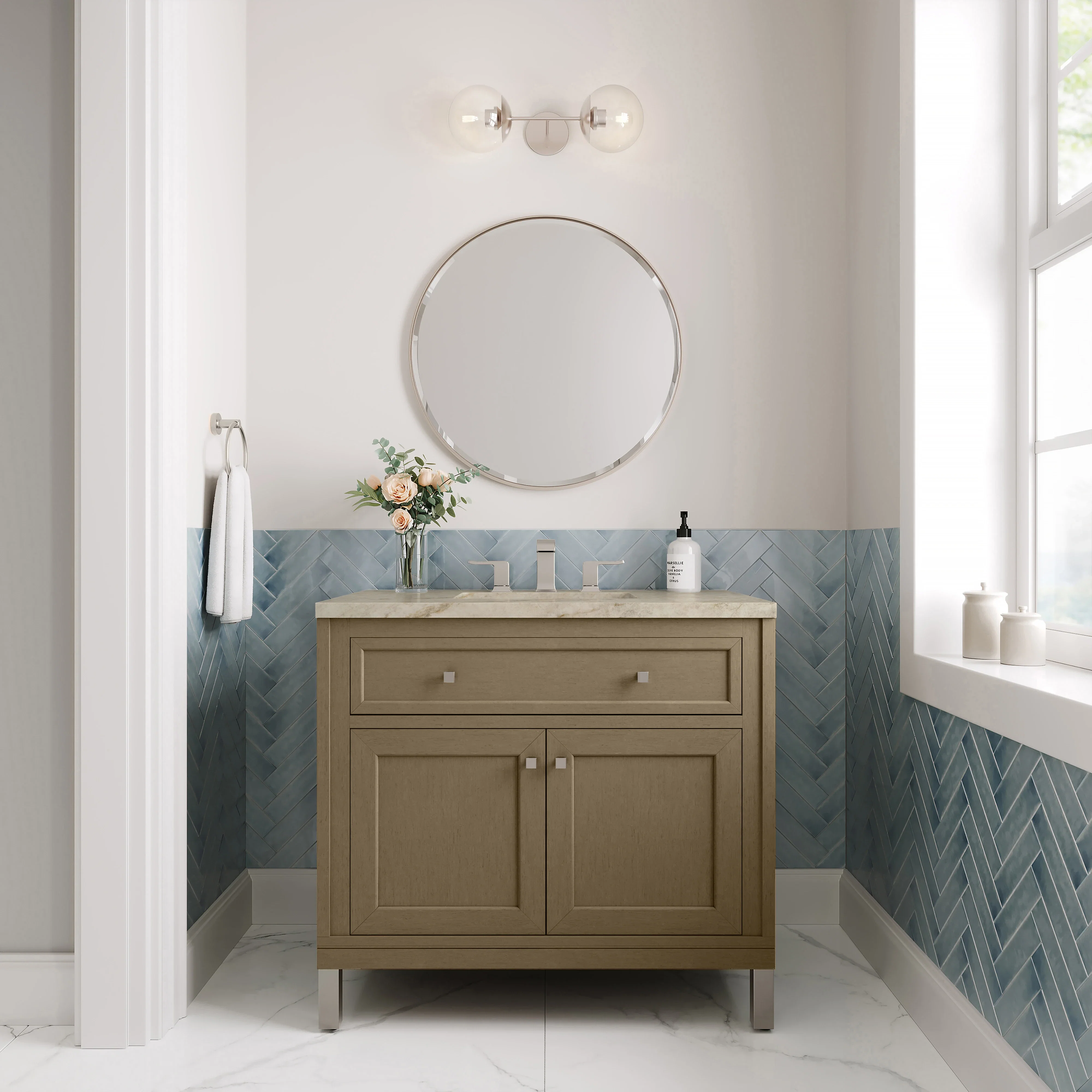 Chicago 36" Single Vanity, Walnut Whisper, w/ 3 CM Tajnar Eclos Top