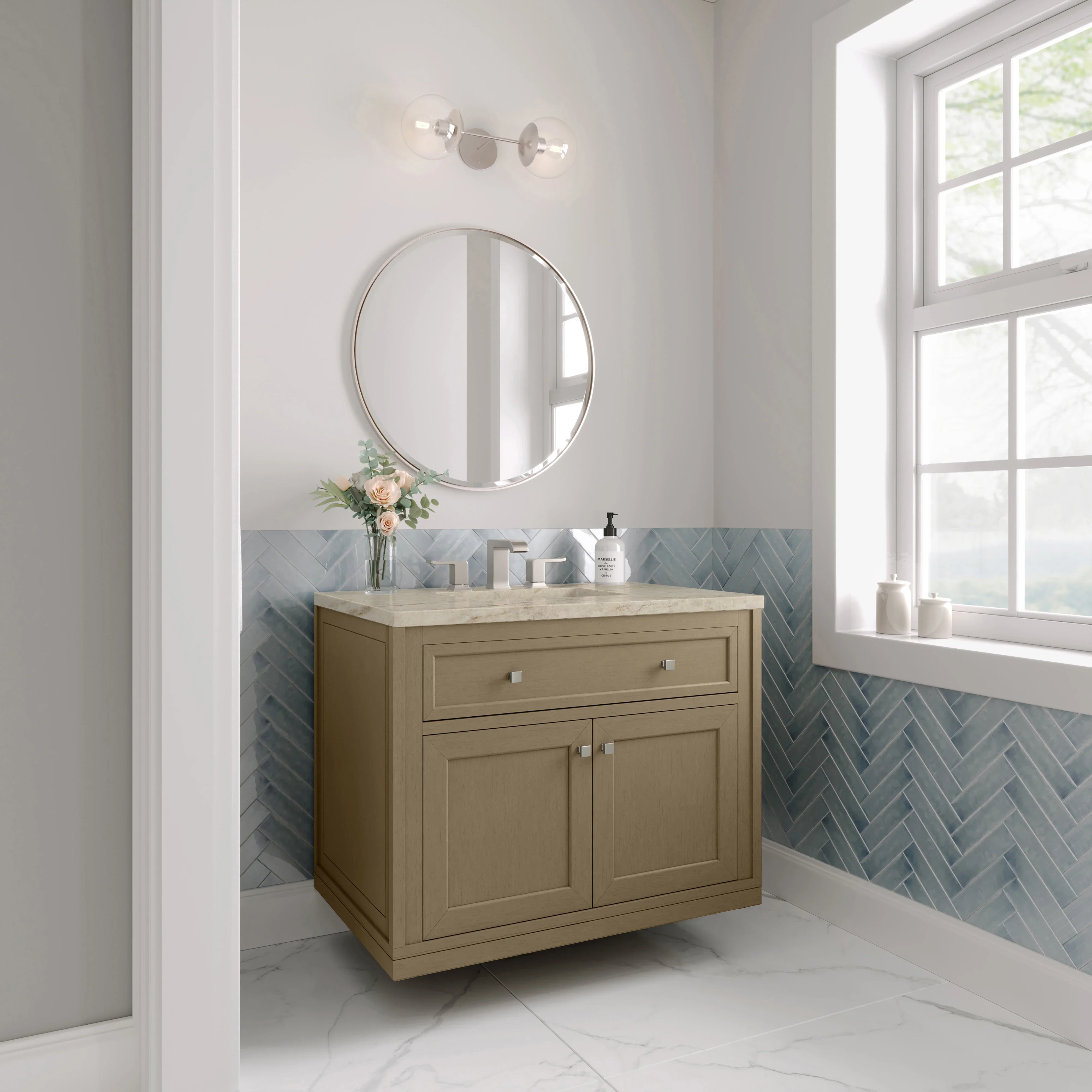 Chicago 36" Single Vanity, Walnut Whisper, w/ 3 CM Tajnar Eclos Top