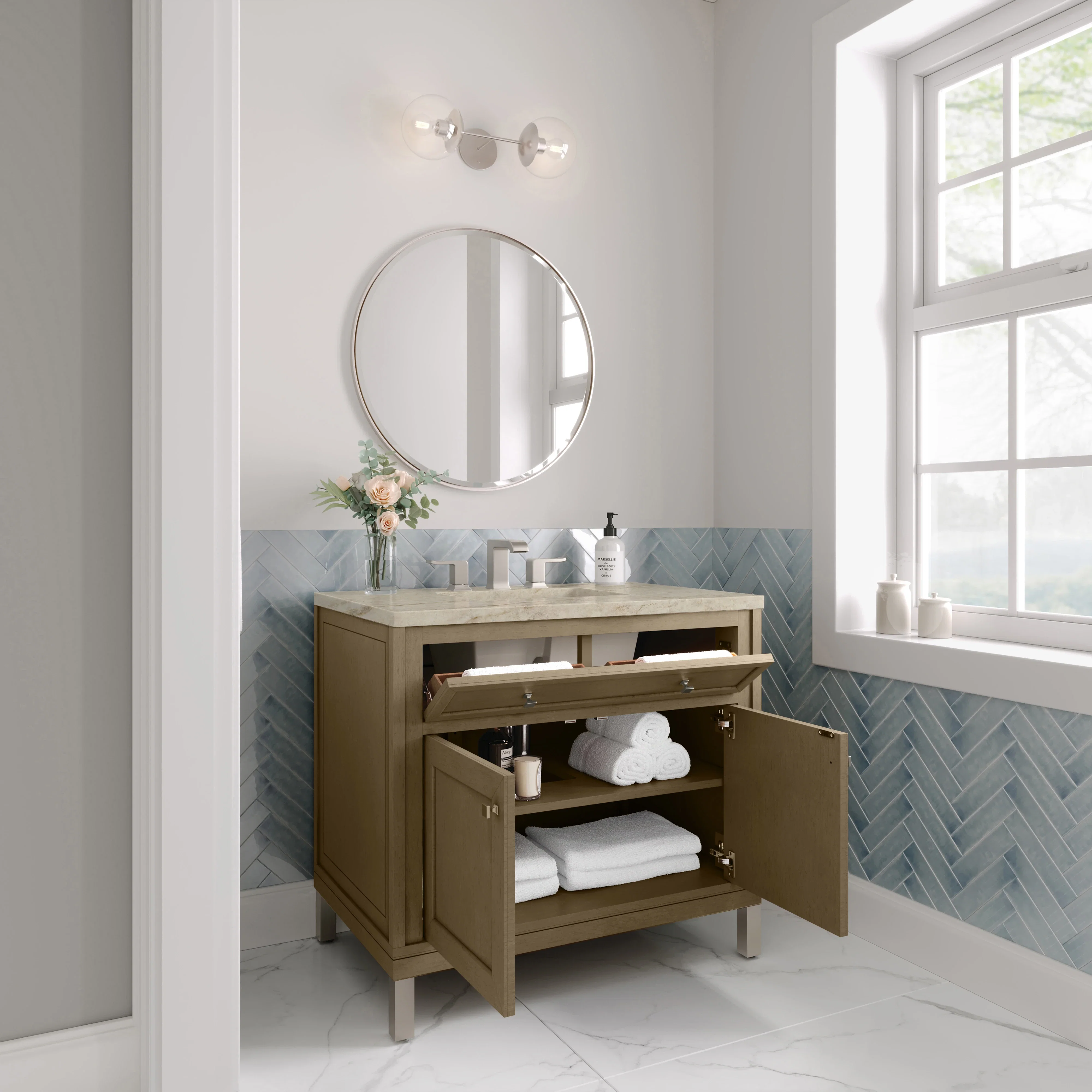 Chicago 36" Single Vanity, Walnut Whisper, w/ 3 CM Tajnar Eclos Top