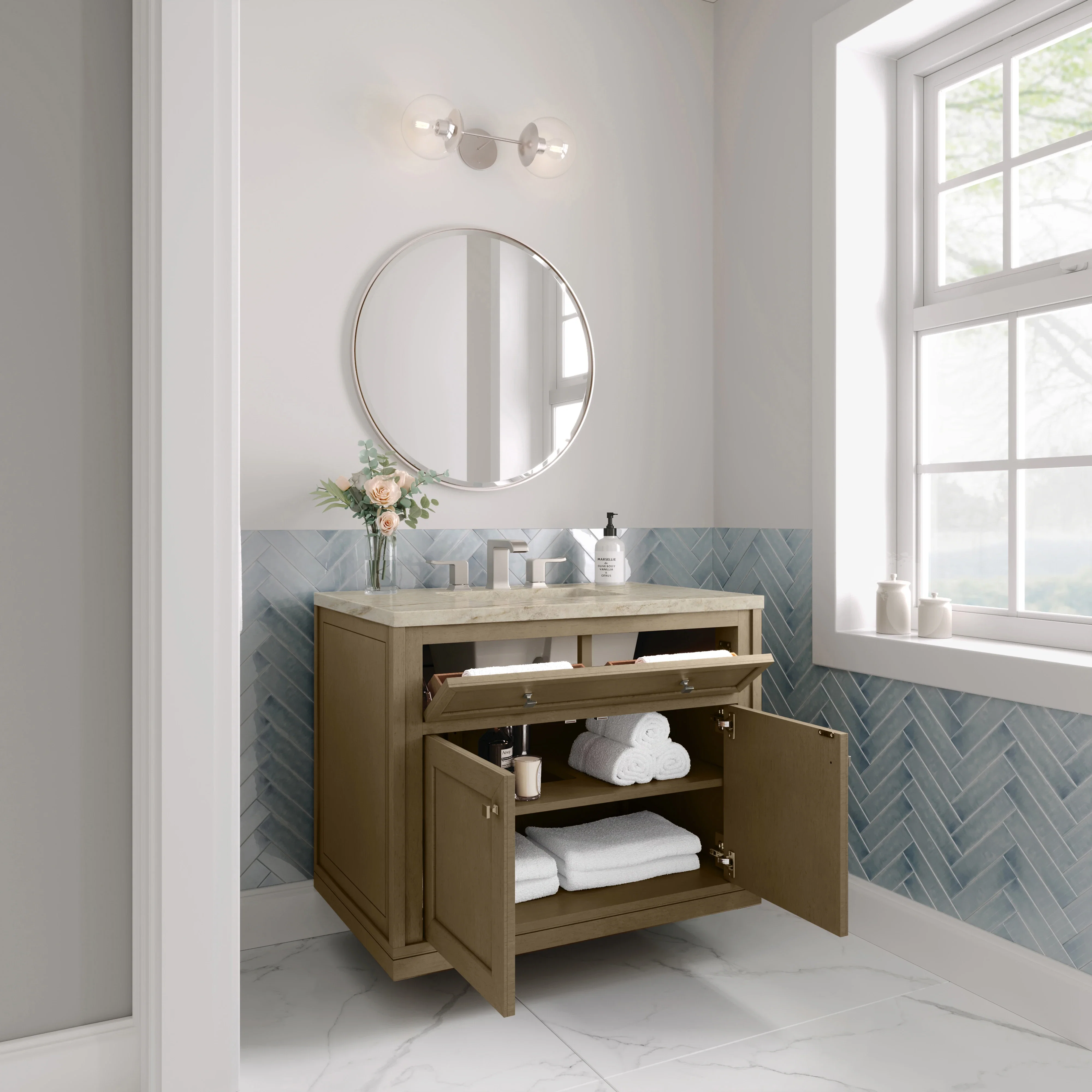 Chicago 36" Single Vanity, Walnut Whisper, w/ 3 CM Tajnar Eclos Top