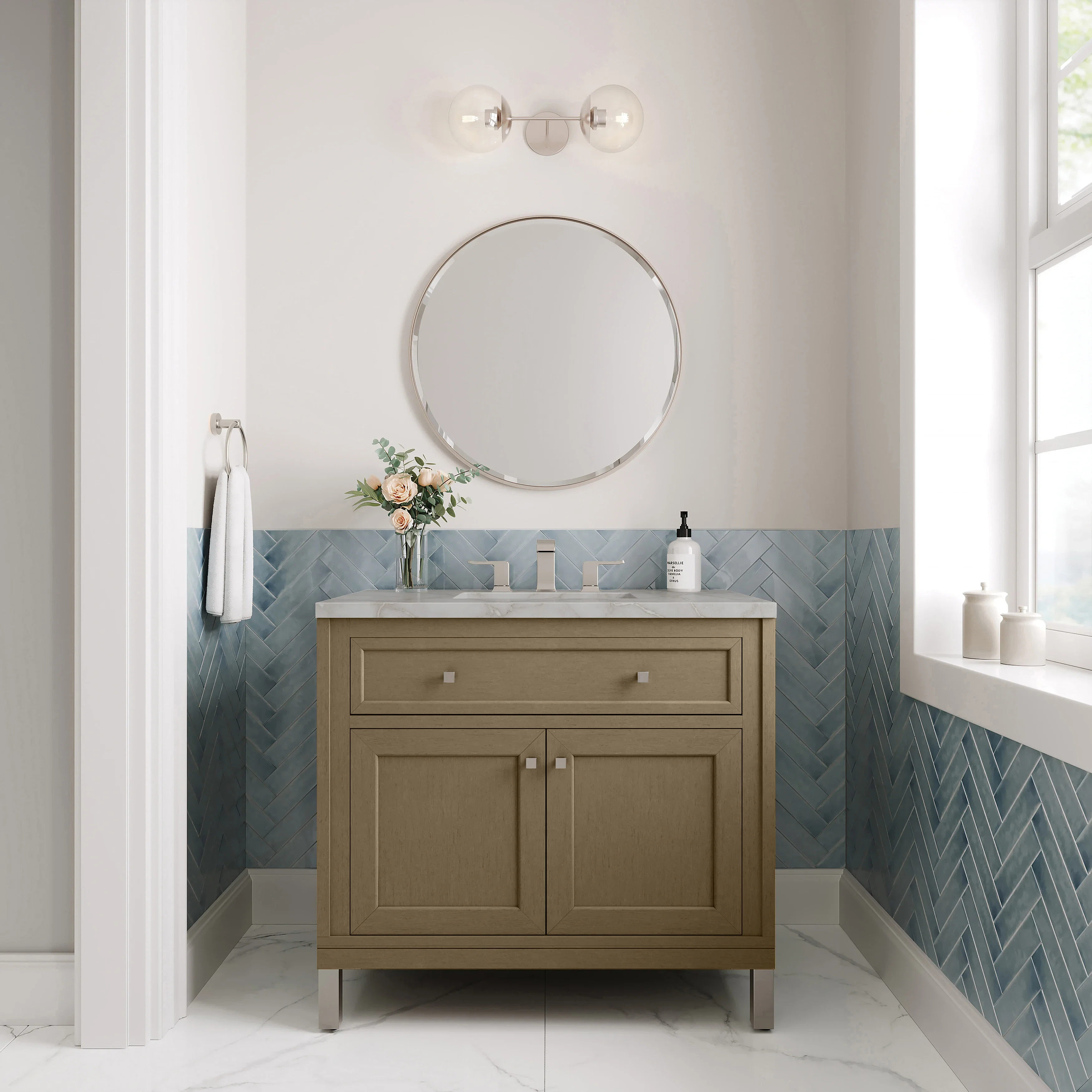 Chicago 36" Single Vanity, Walnut Whisper, w/ 3 CM Victorian Silver Silestone® Top