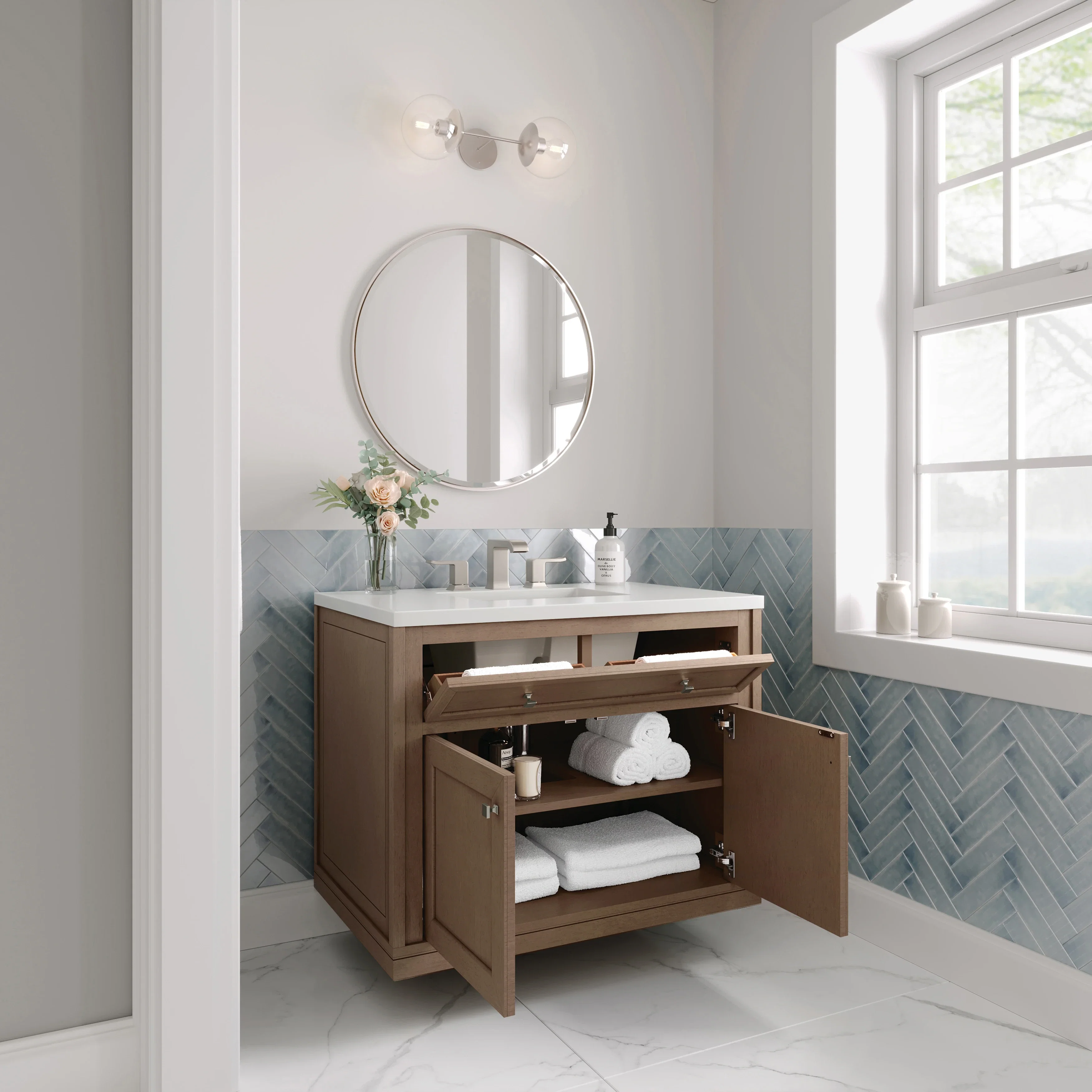 Chicago 36" Single Vanity, Walnut Whisper, w/ 3 CM White Zeus Silestone® Top