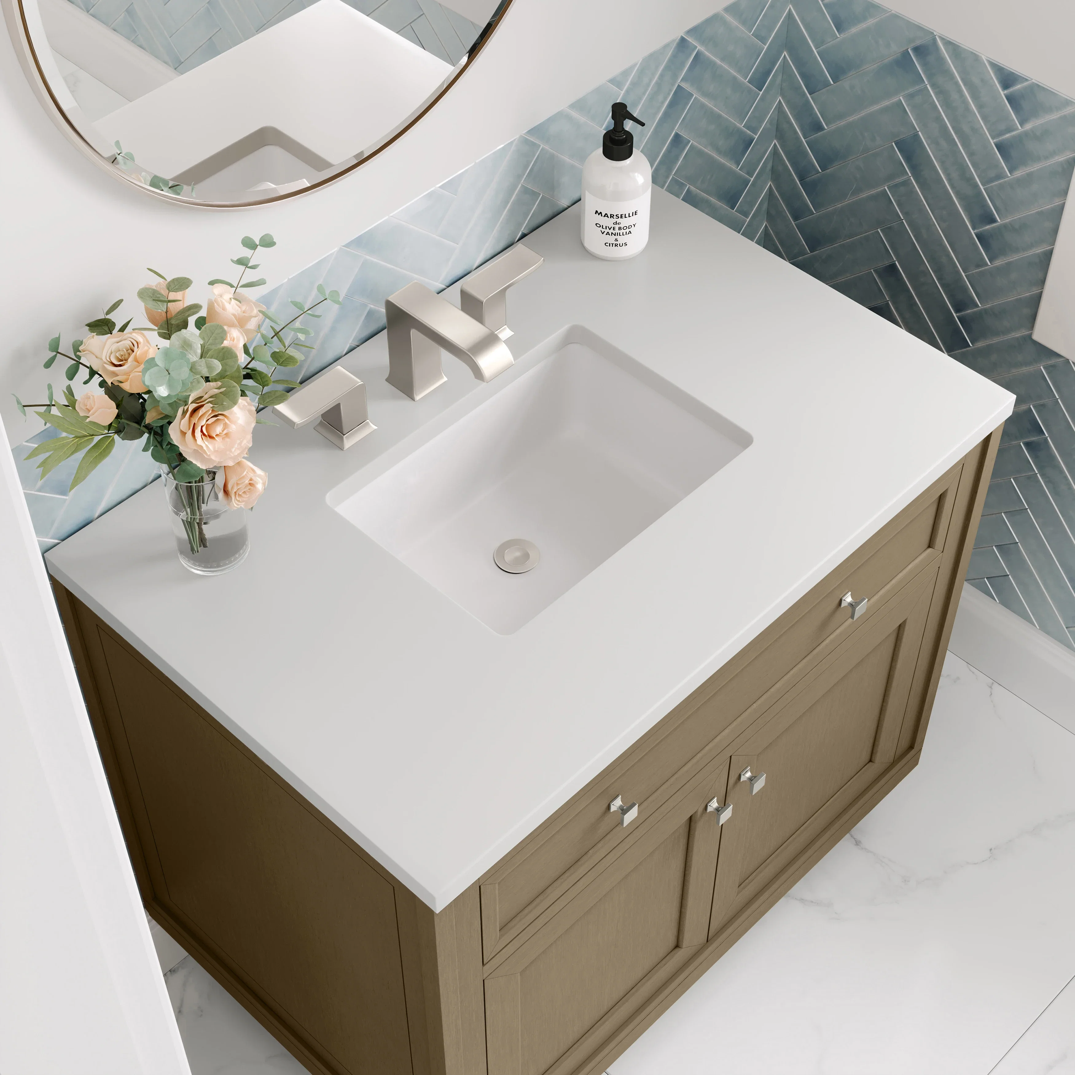 Chicago 36" Single Vanity, Walnut Whisper, w/ 3 CM White Zeus Silestone® Top