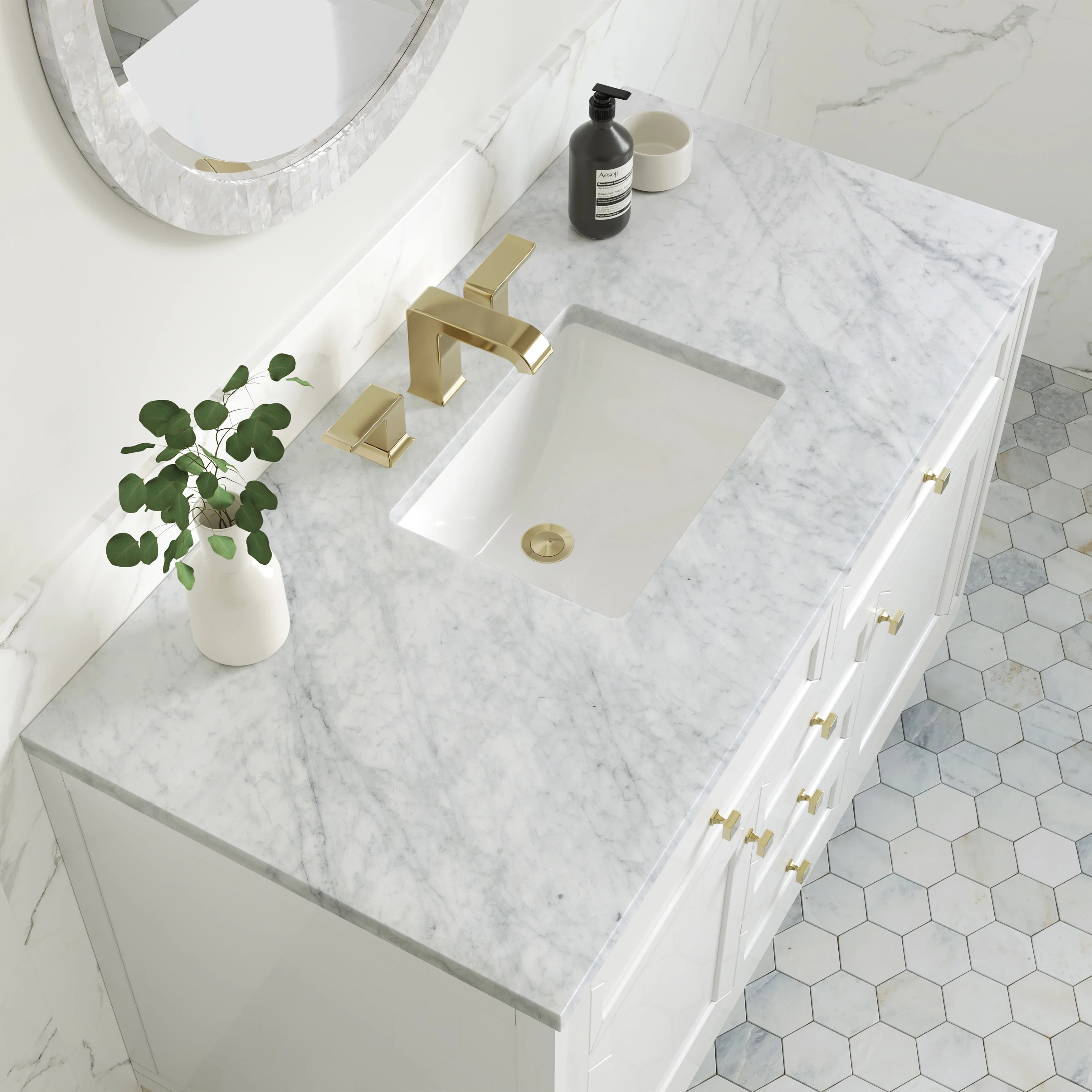Chicago 48" Single Vanity, Glossy White, w/ 3 CM Carrara Marble Top