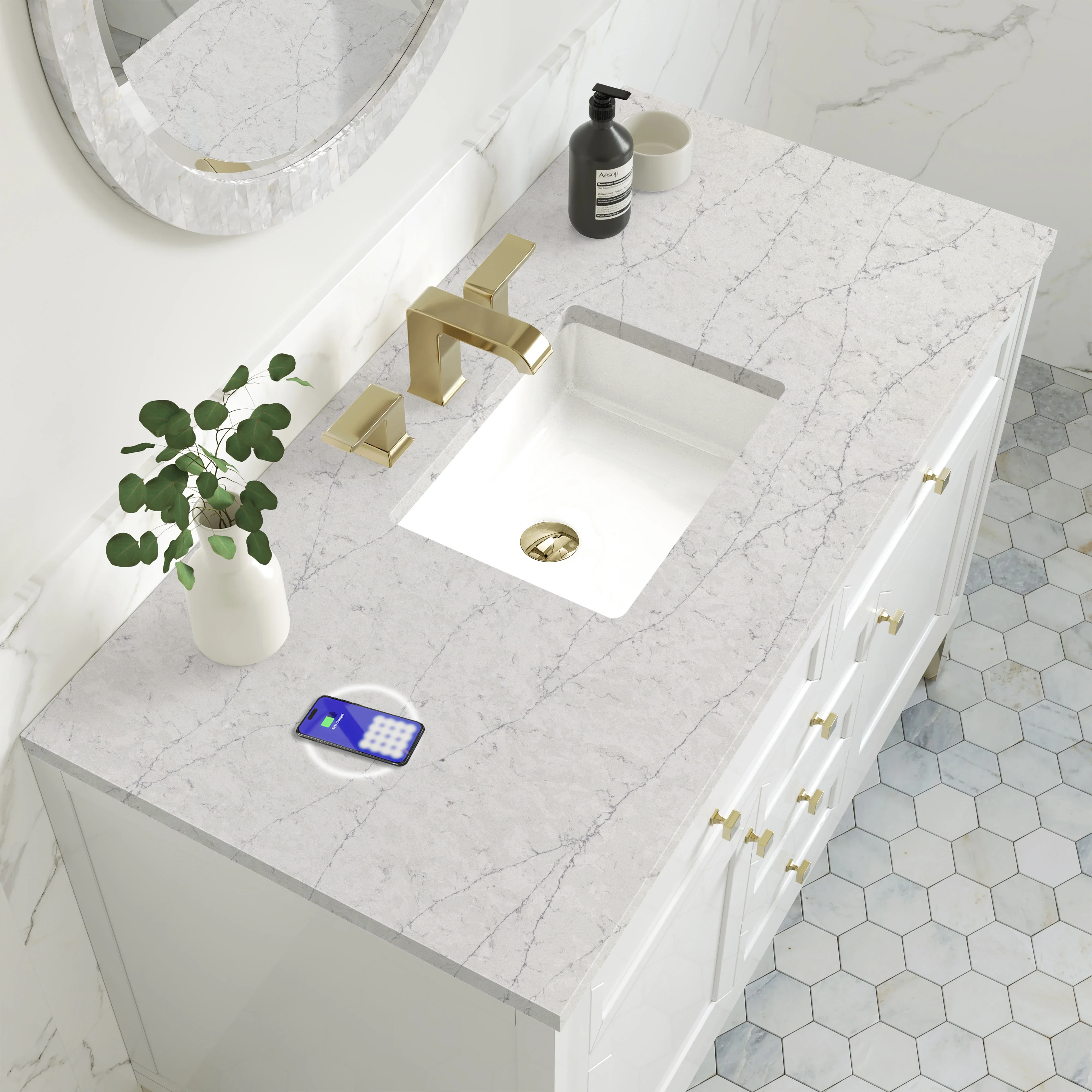 Chicago 48" Single Vanity, Glossy White, w/ 3 CM Eternal Jasmine Pearl Silestone® Top w/FreePower Wireless Charger