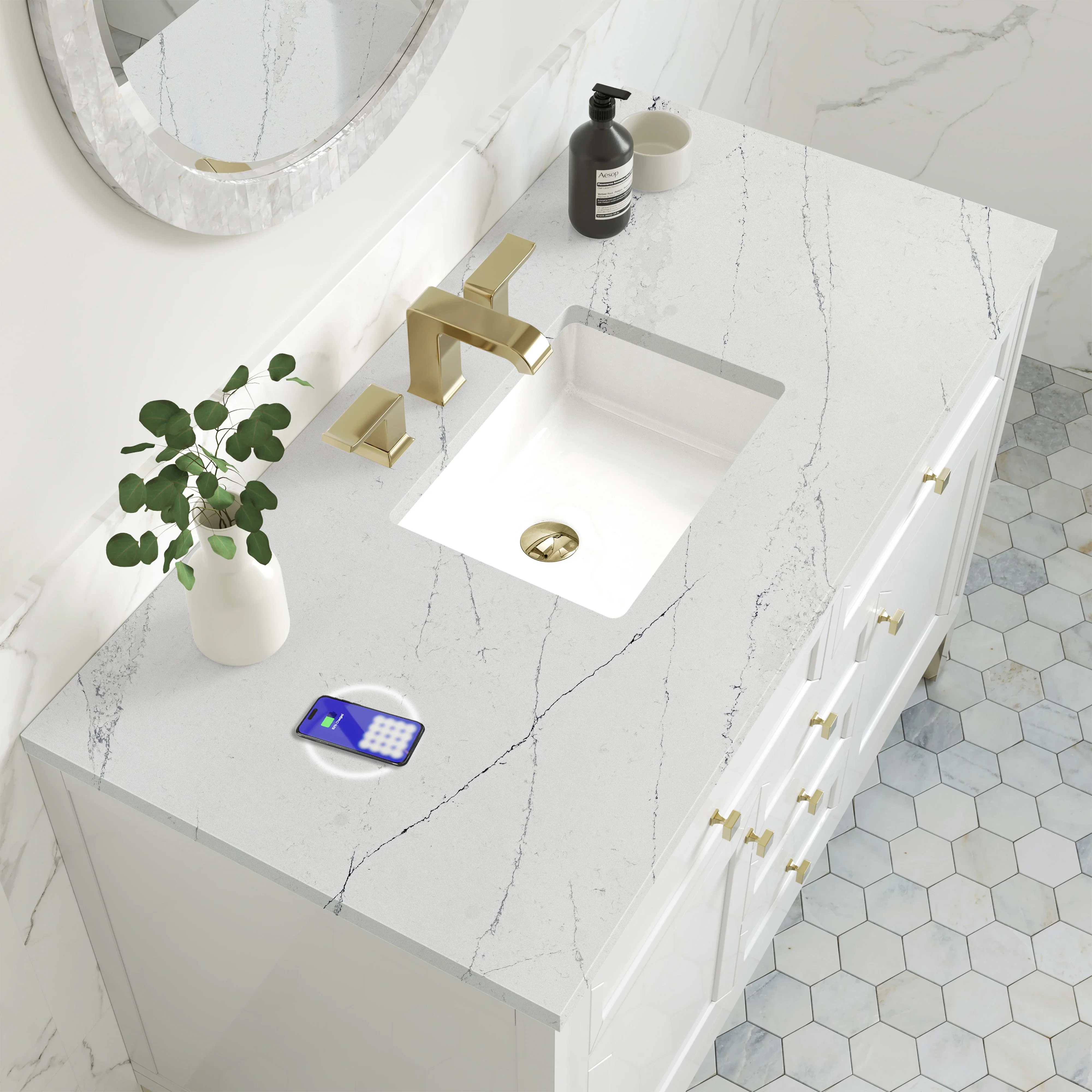 Chicago 48" Single Vanity, Glossy White, w/ 3 CM Ethereal Noctis Silestone® Top w/FreePower Wireless Charger