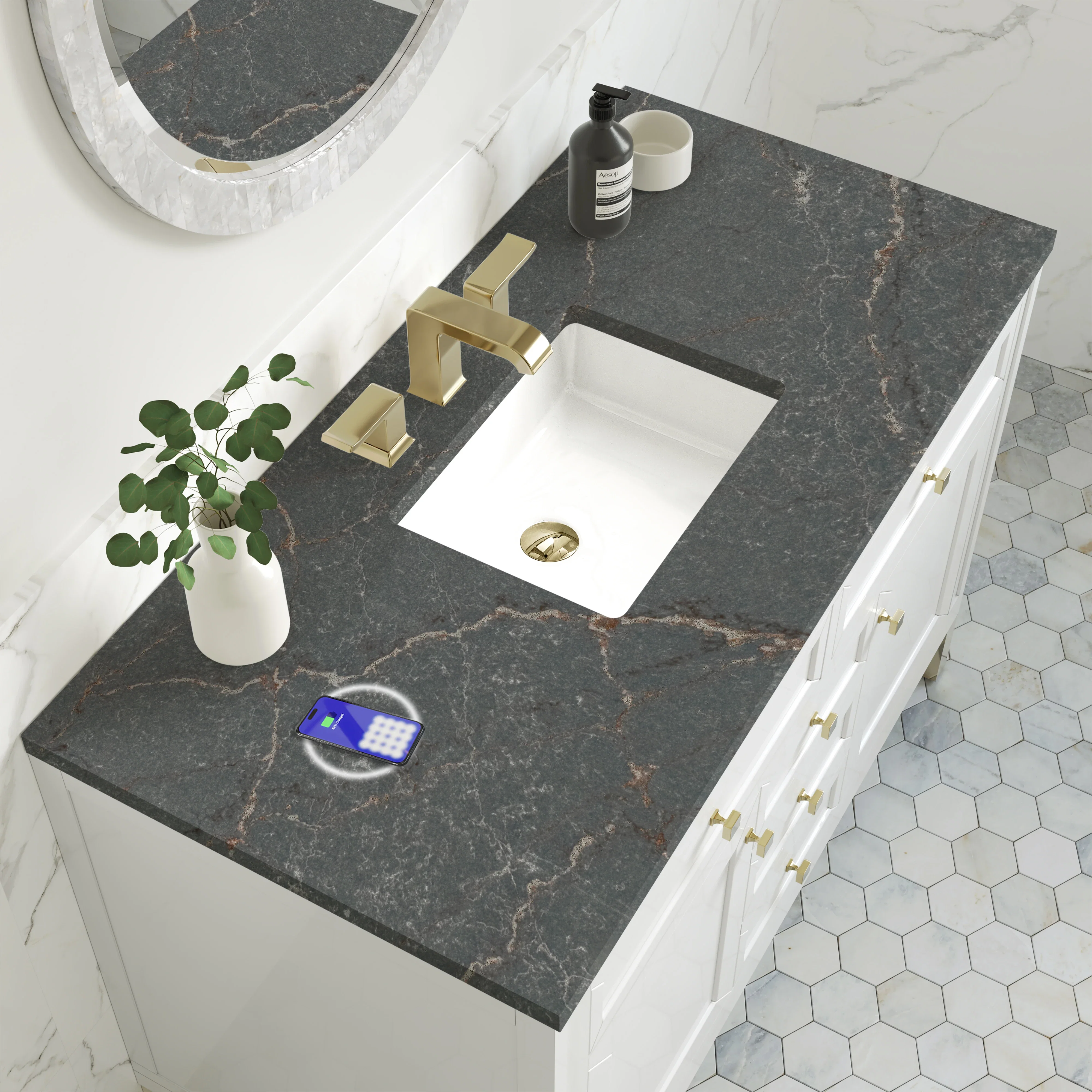 Chicago 48" Single Vanity, Glossy White, w/ 3 CM Parisien Bleu Silestone® Top w/FreePower Wireless Charger