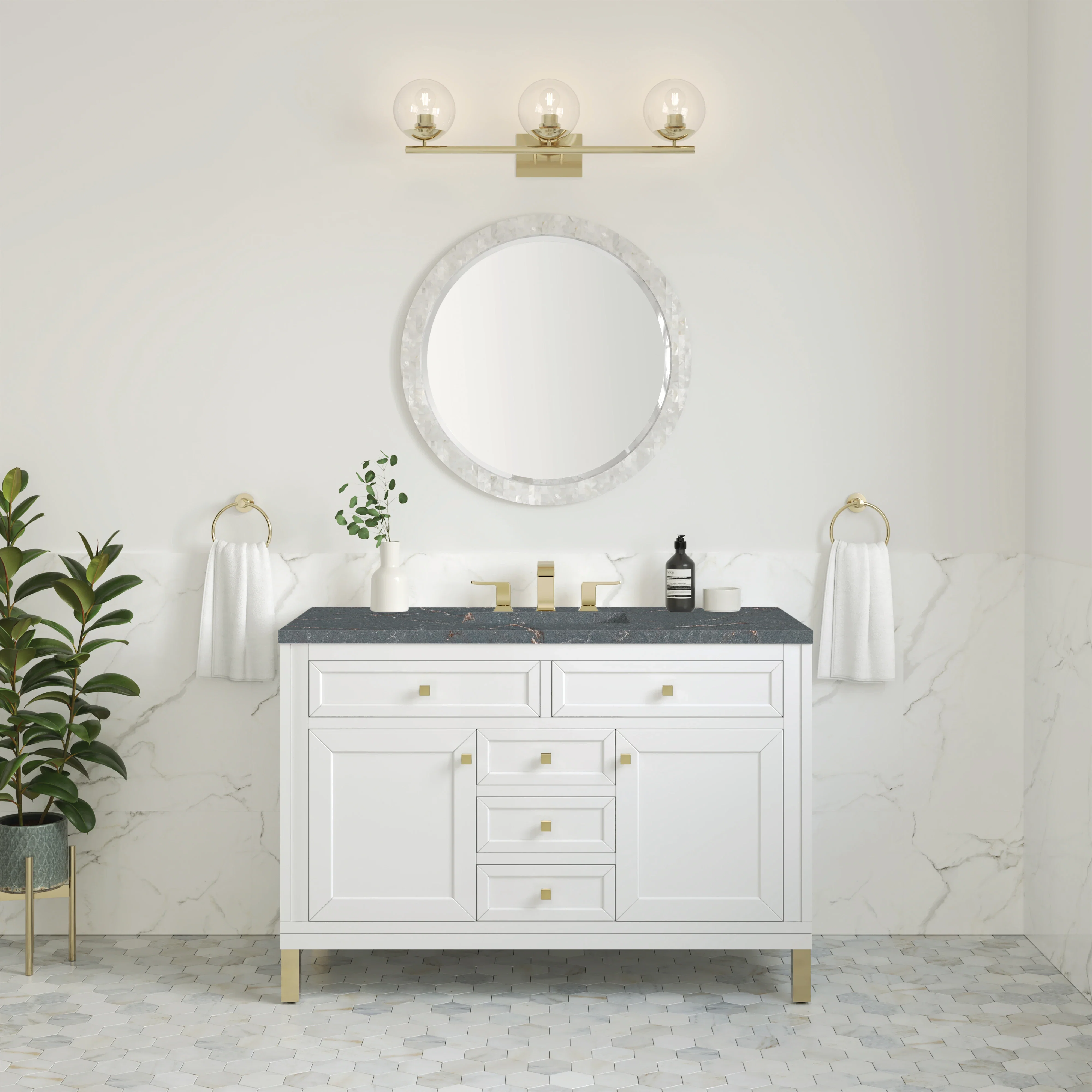 Chicago 48" Single Vanity, Glossy White, w/ 3 CM Parisien Bleu Silestone® Top w/FreePower Wireless Charger