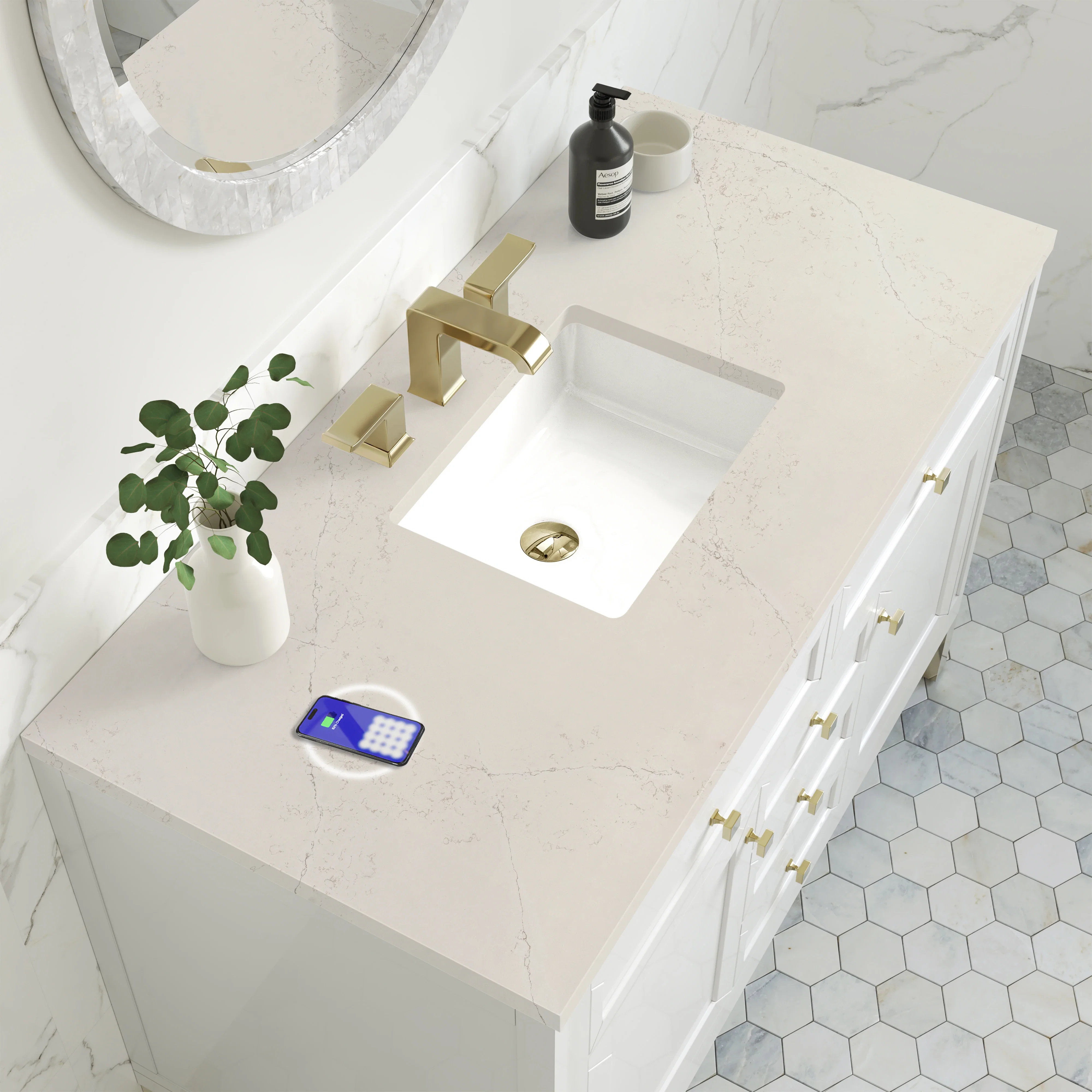 Chicago 48" Single Vanity, Glossy White, w/ 3 CM Siberian Silestone Top w/FreePower Wireless Charger