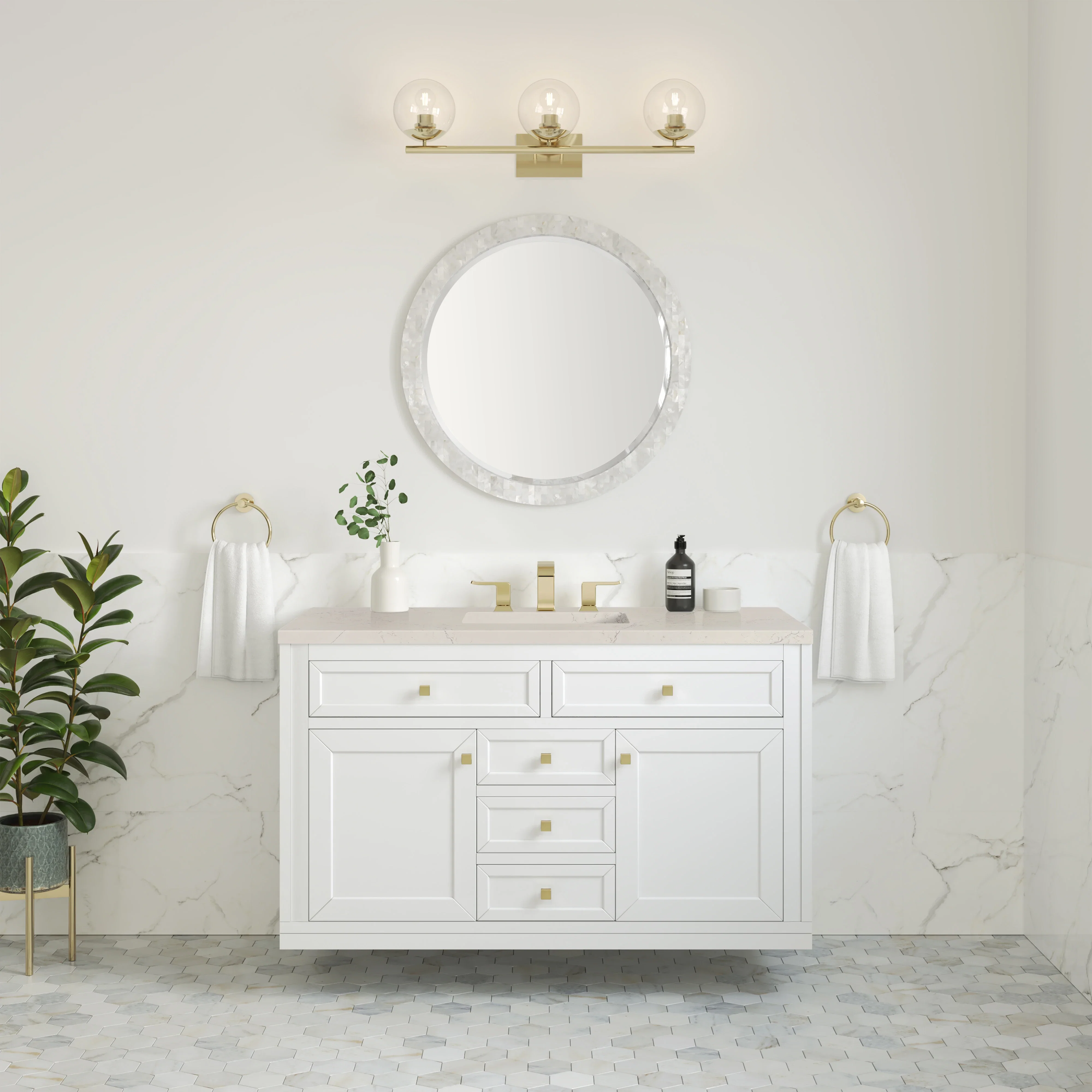 Chicago 48" Single Vanity, Glossy White, w/ 3 CM Siberian Silestone Top w/FreePower Wireless Charger