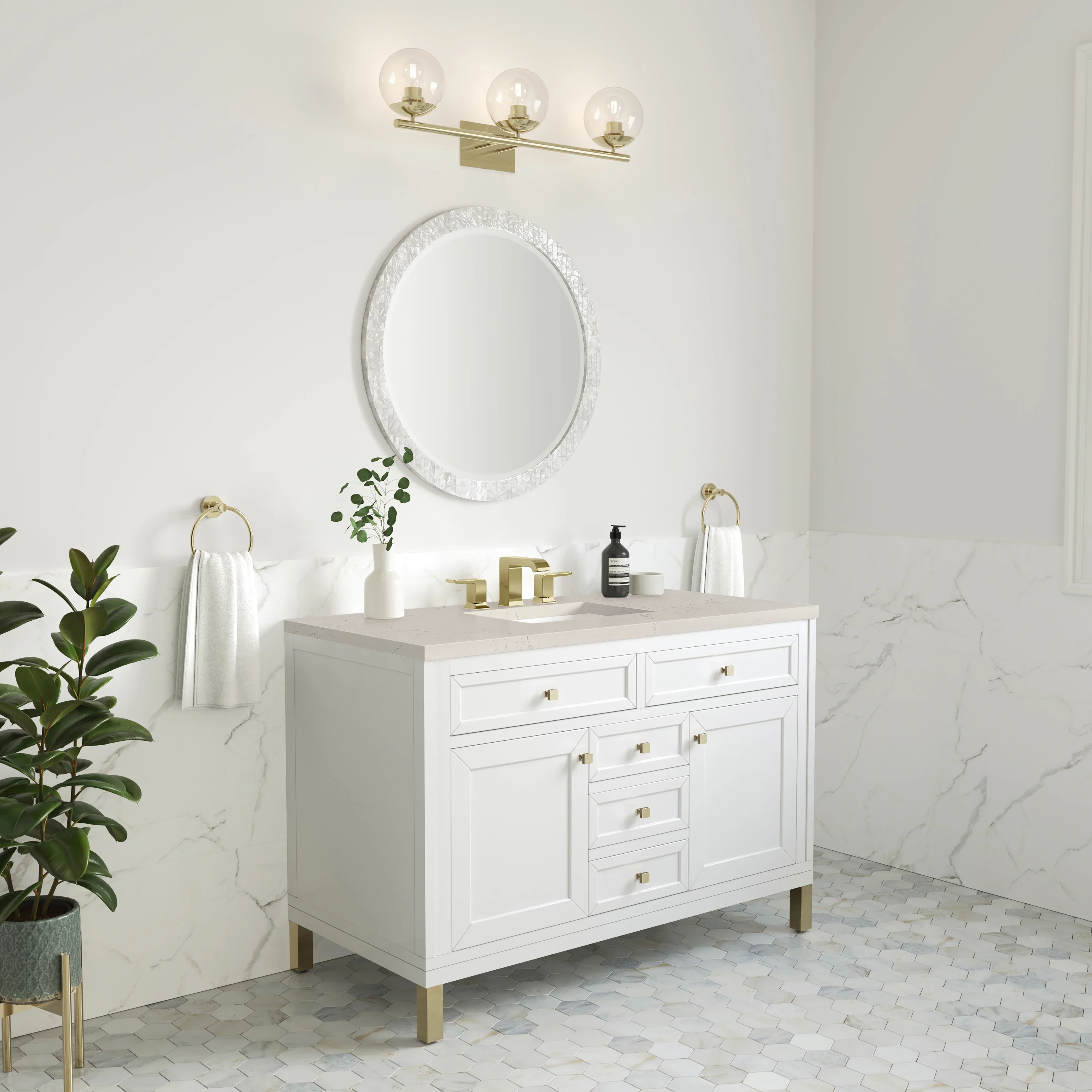 Chicago 48" Single Vanity, Glossy White, w/ 3 CM Siberian Silestone Top w/FreePower Wireless Charger
