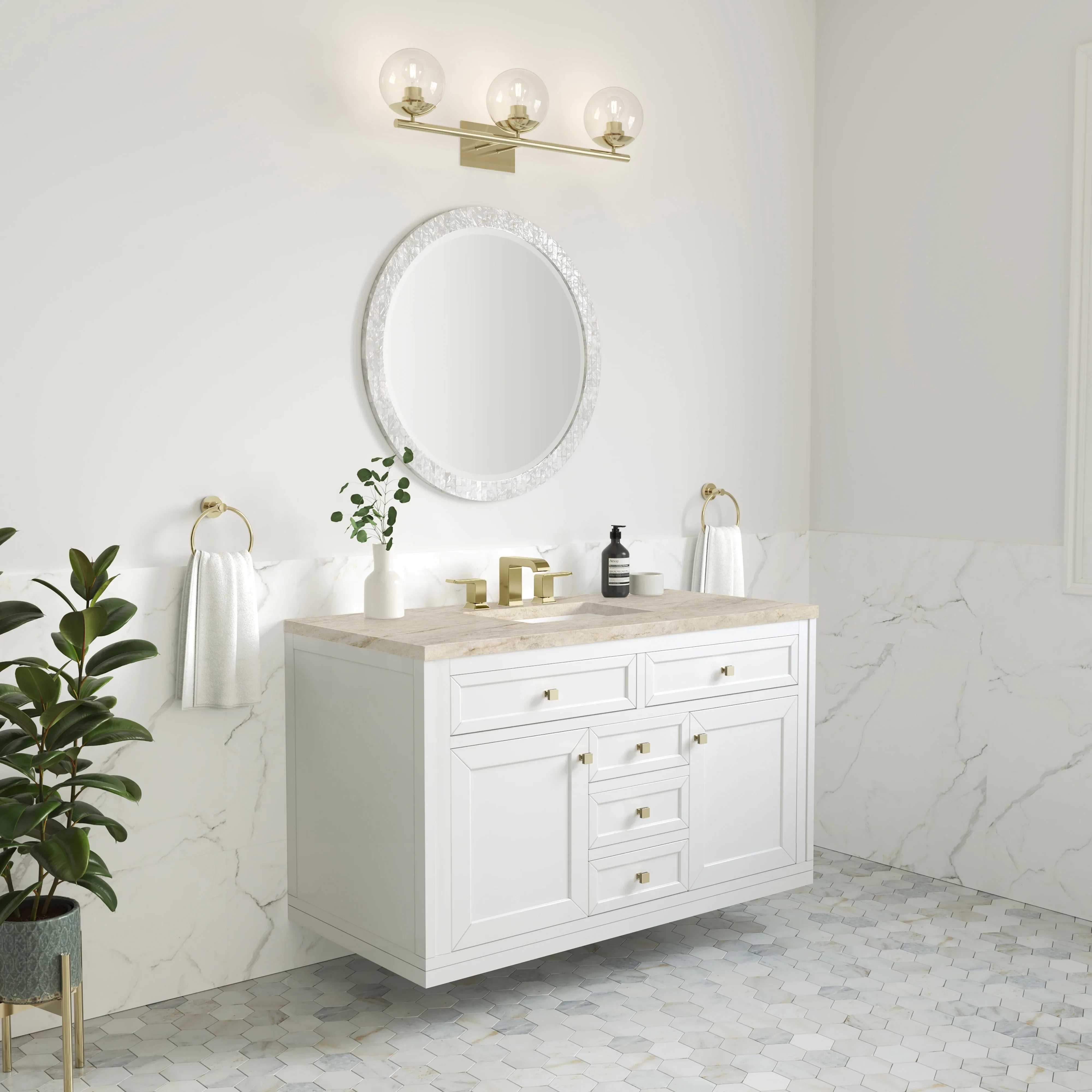 Chicago 48" Single Vanity, Glossy White, w/ 3 CM Tajnar Eclos Top w/FreePower Wireless Charger