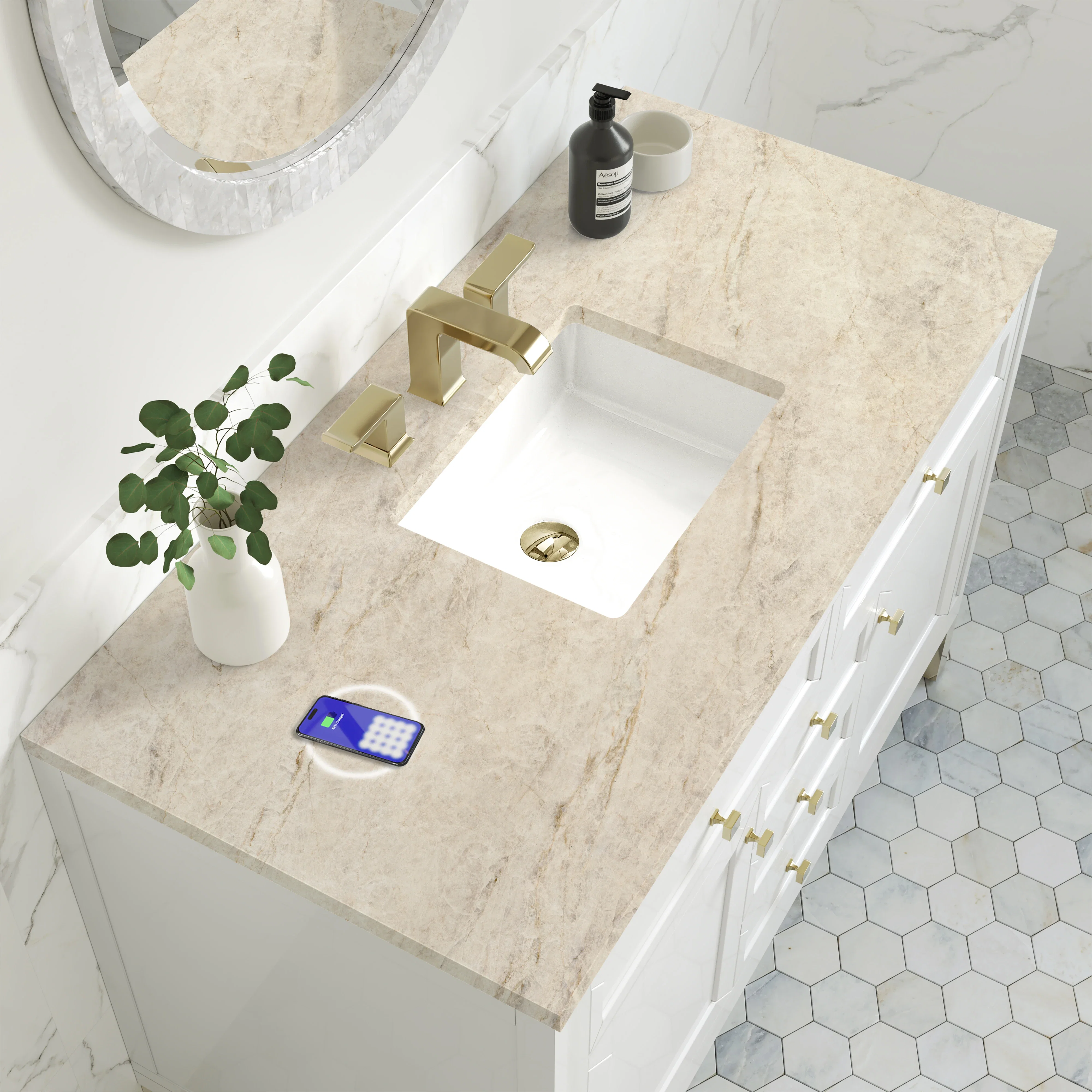 Chicago 48" Single Vanity, Glossy White, w/ 3 CM Tajnar Eclos Top w/FreePower Wireless Charger