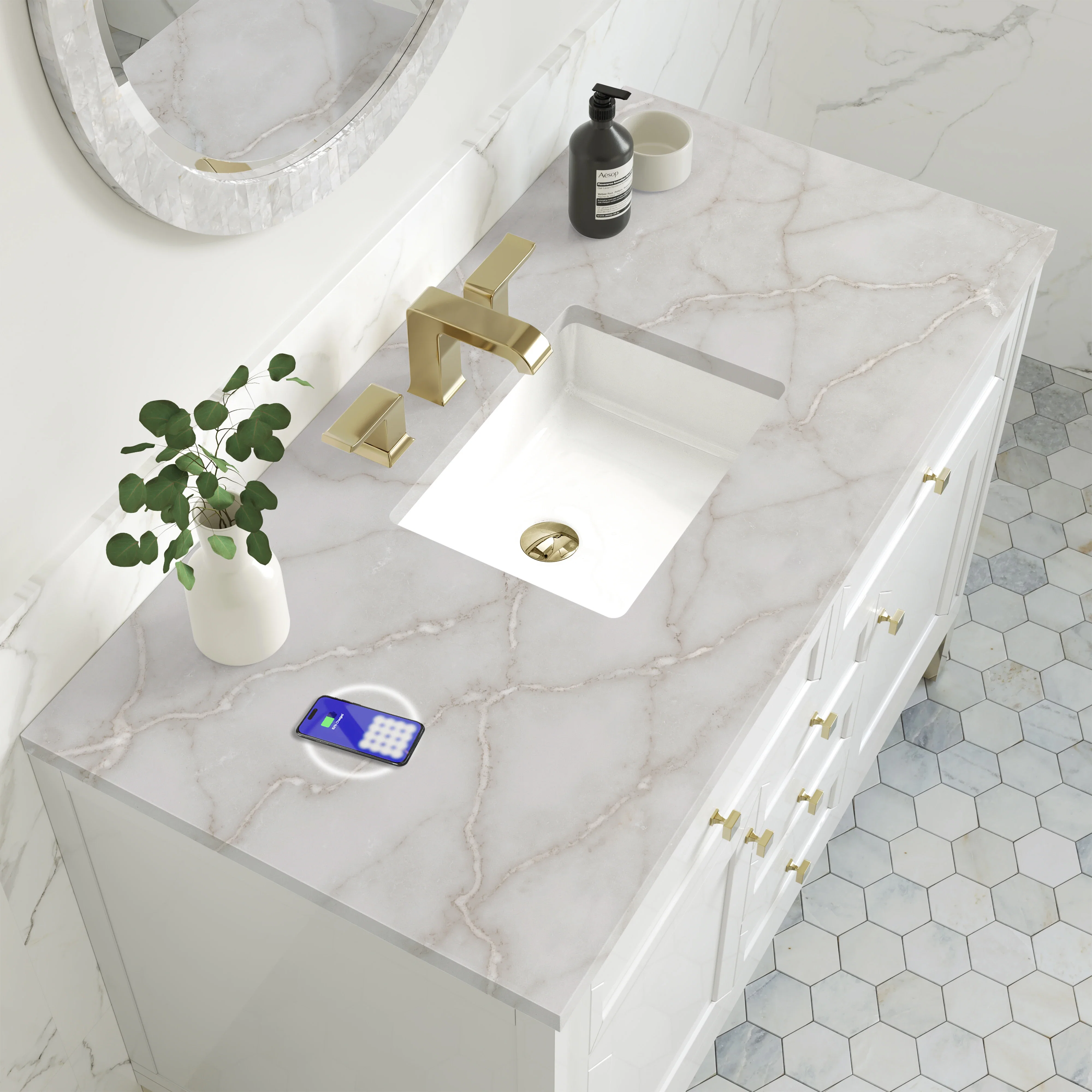 Chicago 48" Single Vanity, Glossy White, w/ 3 CM Victorian Silver Silestone® Top w/FreePower Wireless Charger
