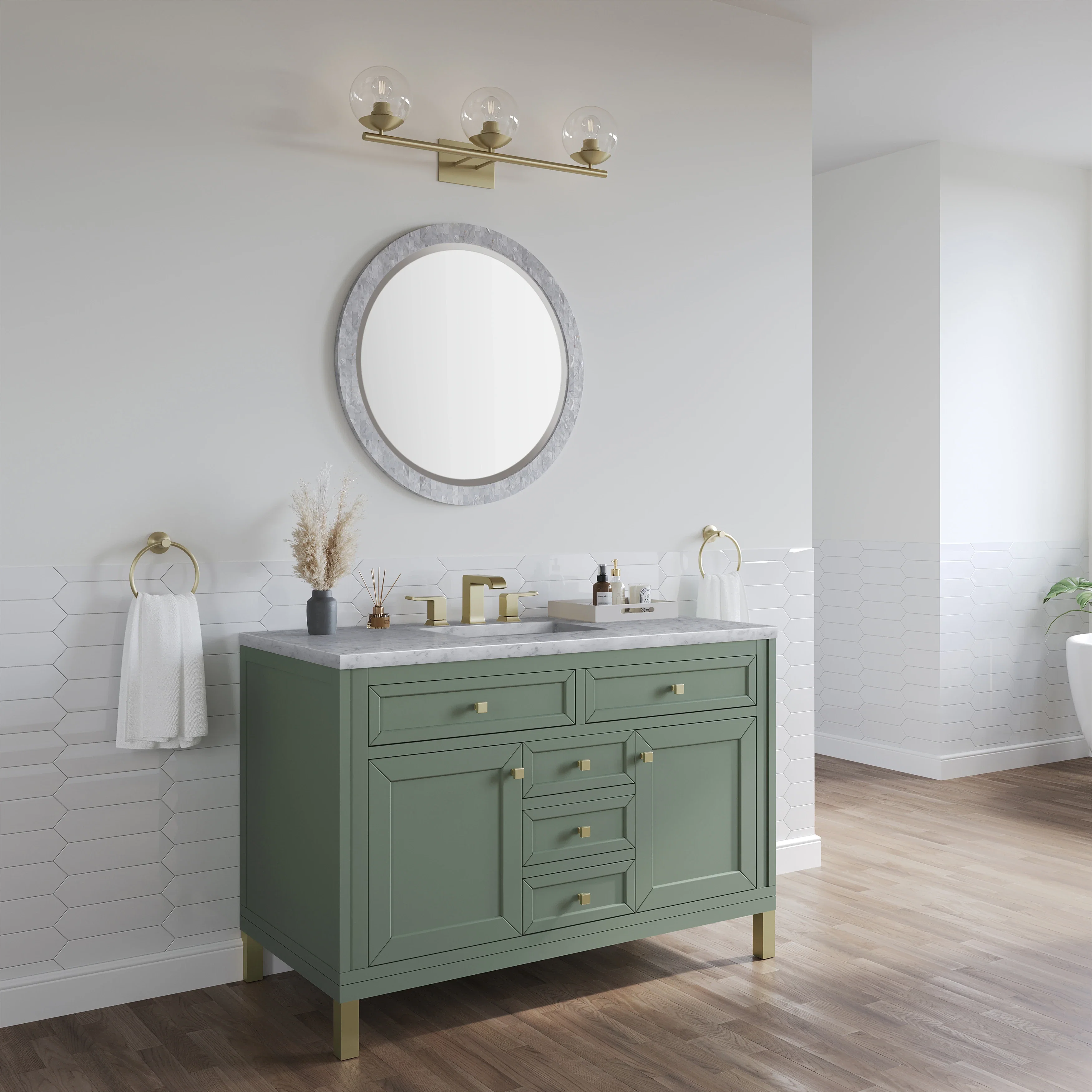 Chicago 48" Single Vanity, Smokey Celadon, w/ 3 CM Carrara Marble Top