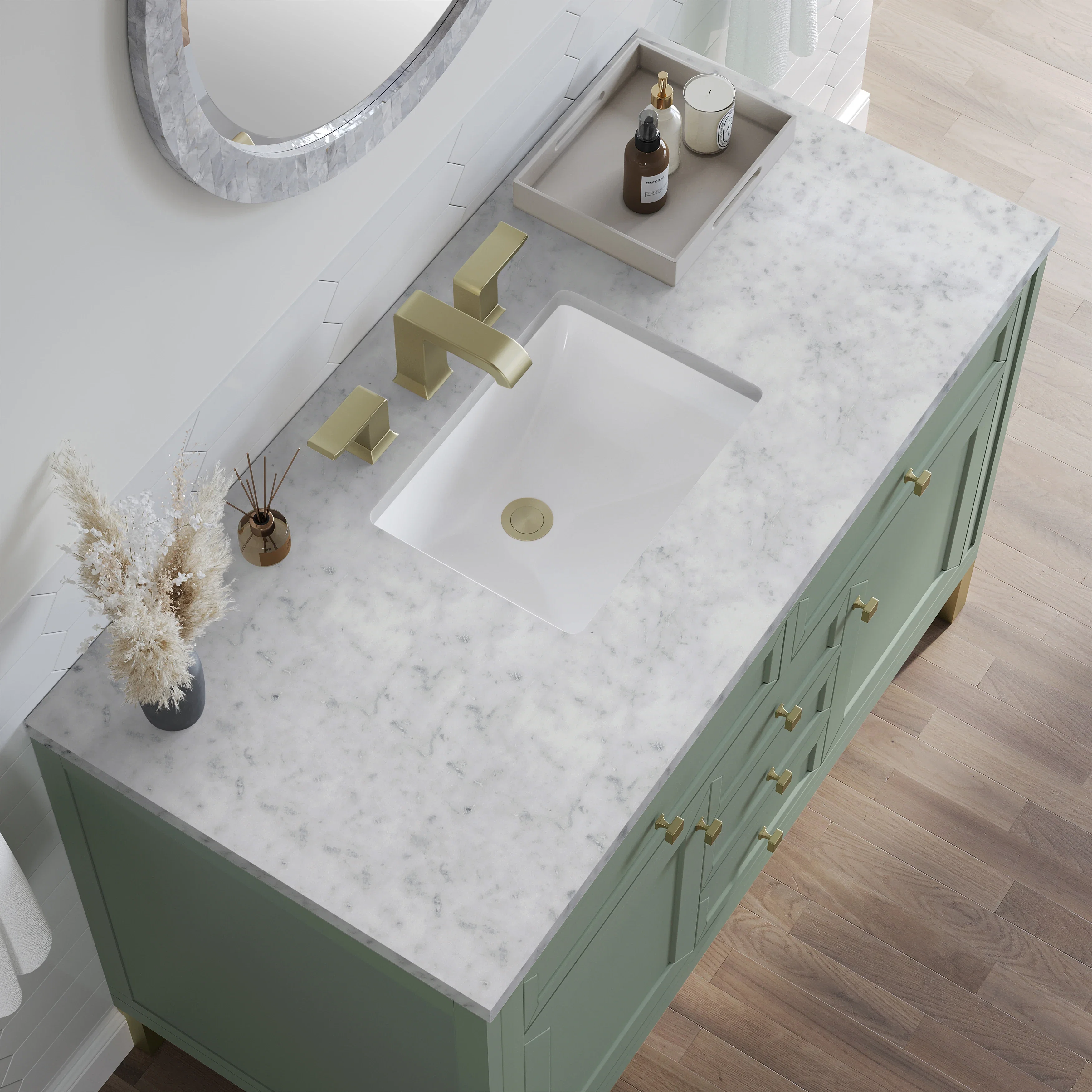Chicago 48" Single Vanity, Smokey Celadon, w/ 3 CM Carrara Marble Top