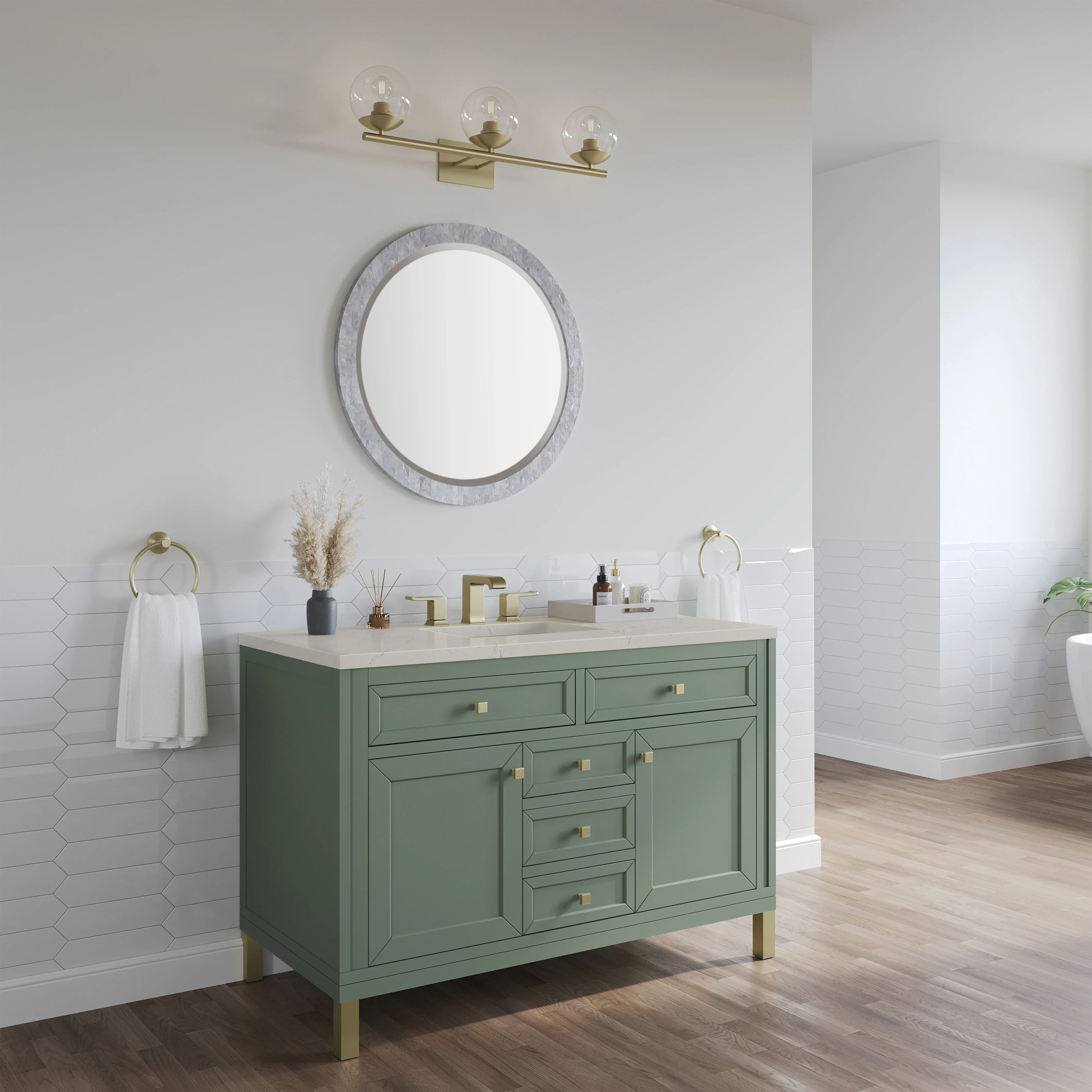 Chicago 48" Single Vanity, Smokey Celadon, w/ 3 CM Siberian Silestone Top