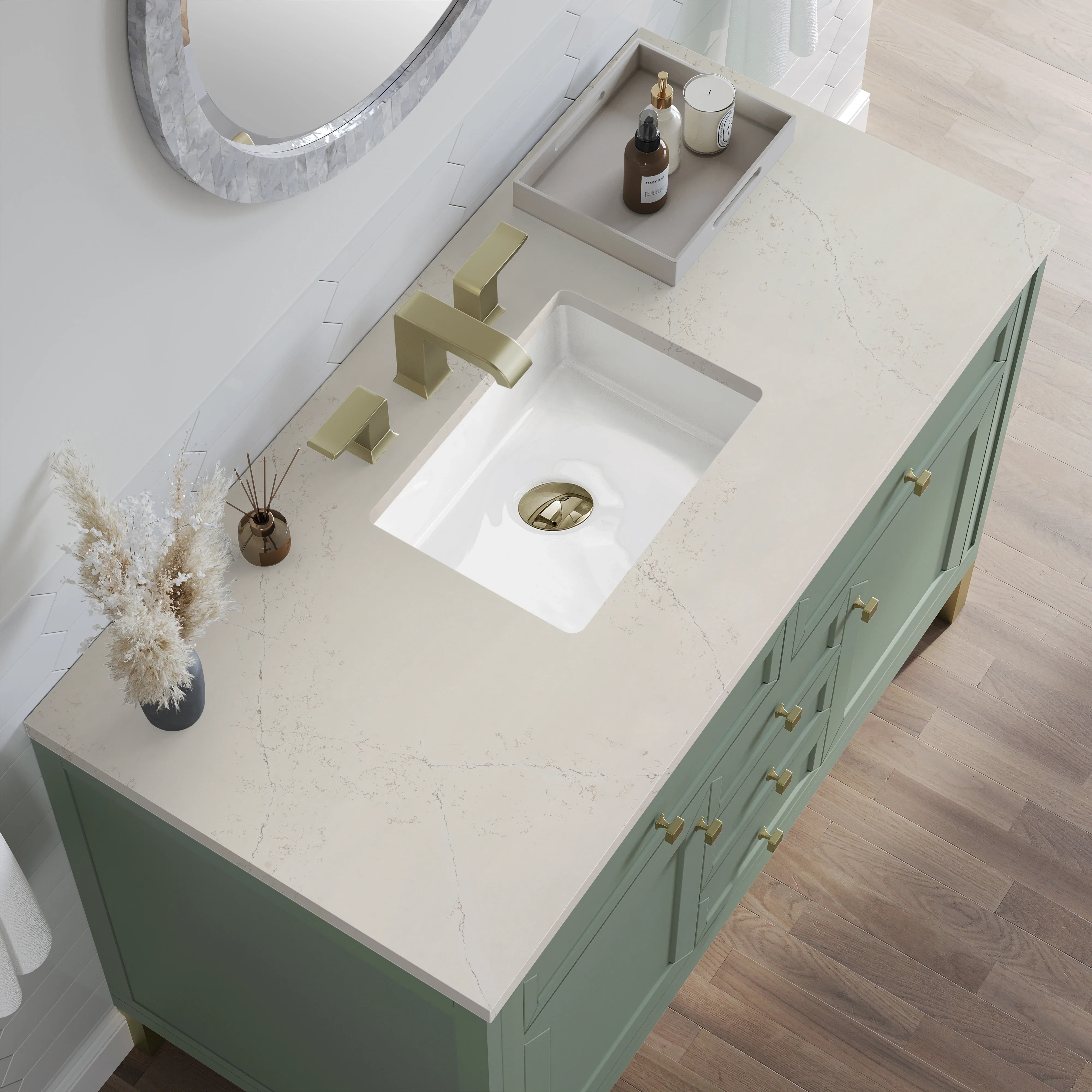Chicago 48" Single Vanity, Smokey Celadon, w/ 3 CM Siberian Silestone Top