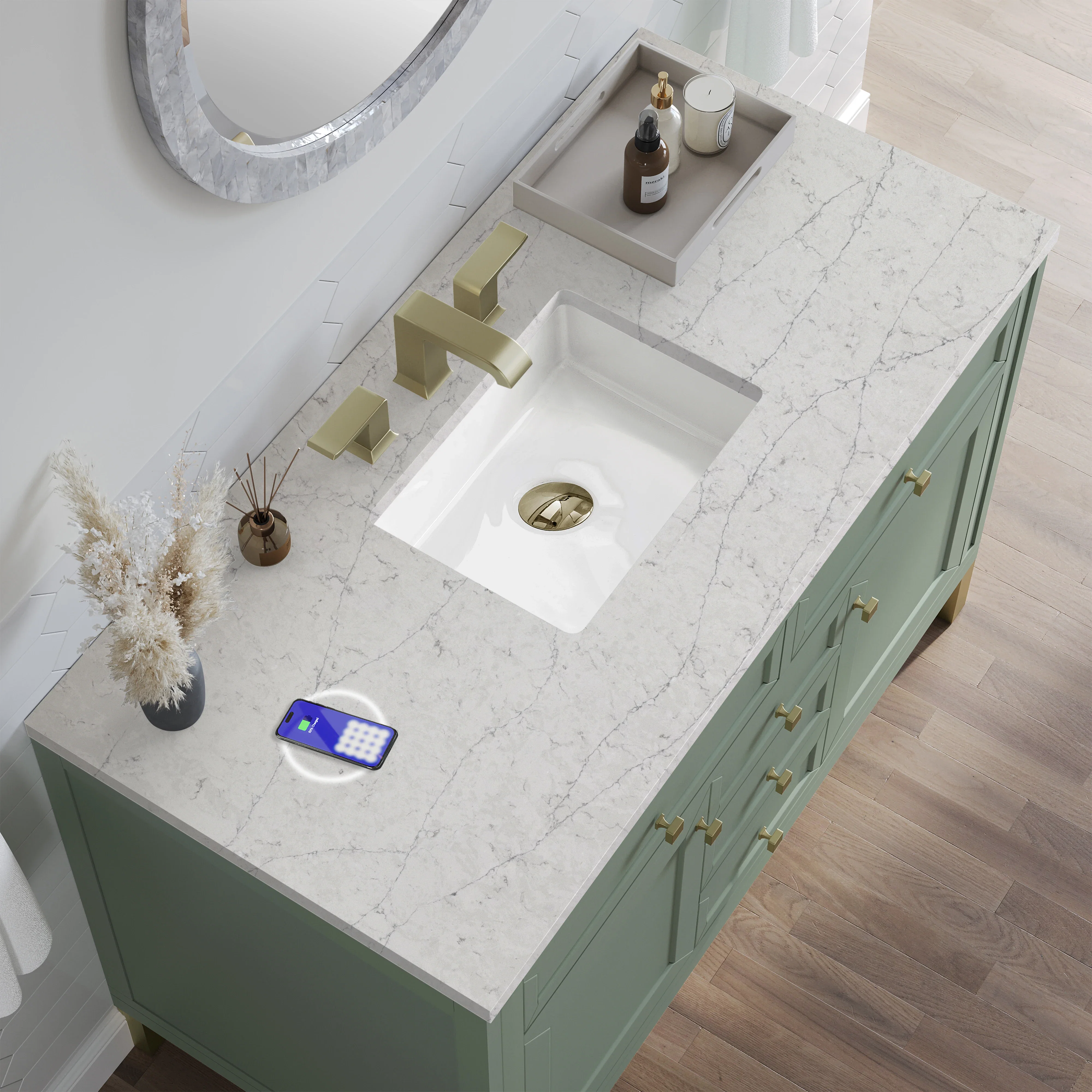 Chicago 48" Single Vanity, Smokey Celadon, w/ 3 CM Eternal Jasmine Pearl Silestone® Top w/FreePower Wireless Charger