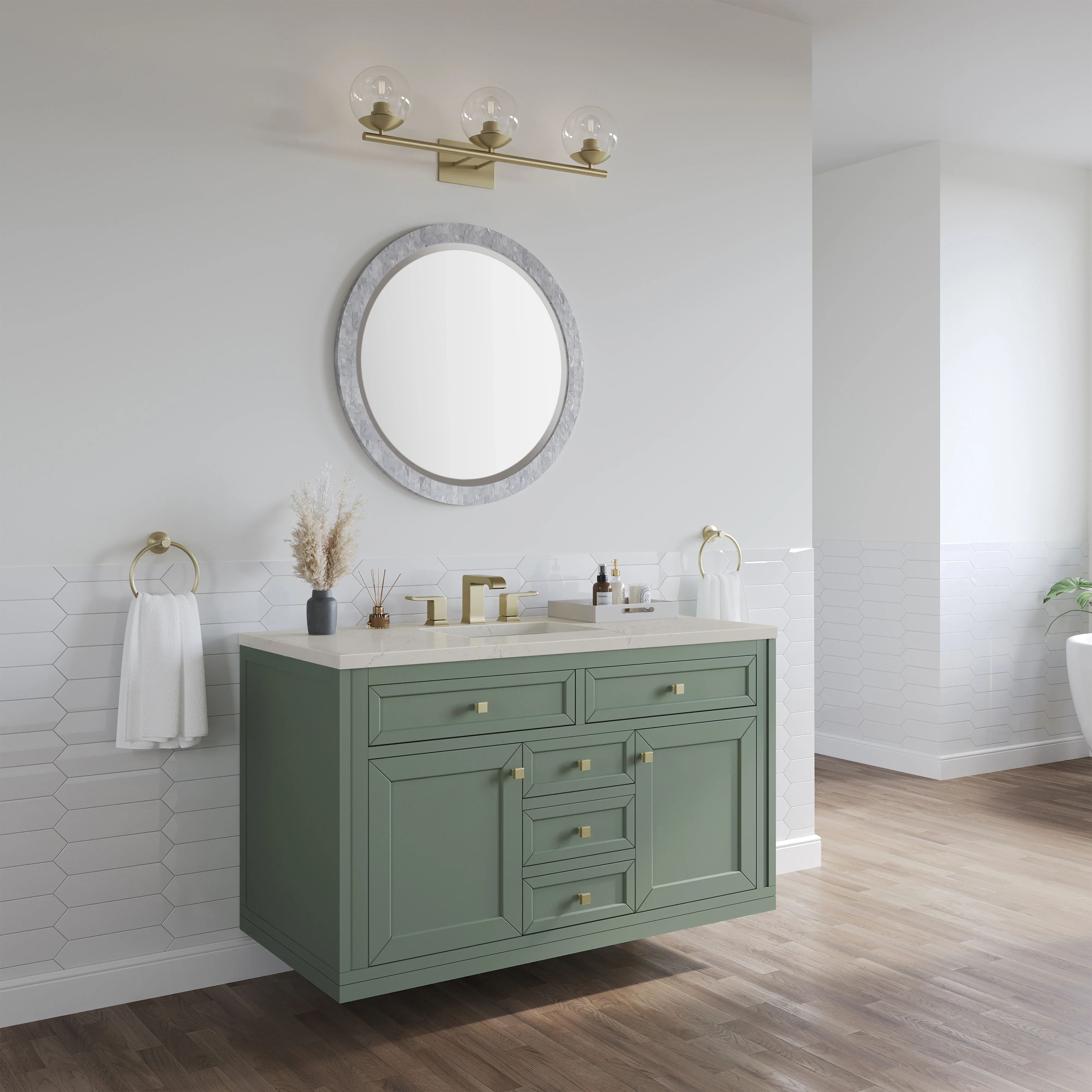 Chicago 48" Single Vanity, Smokey Celadon, w/ 3 CM Siberian Silestone Top w/FreePower Wireless Charger
