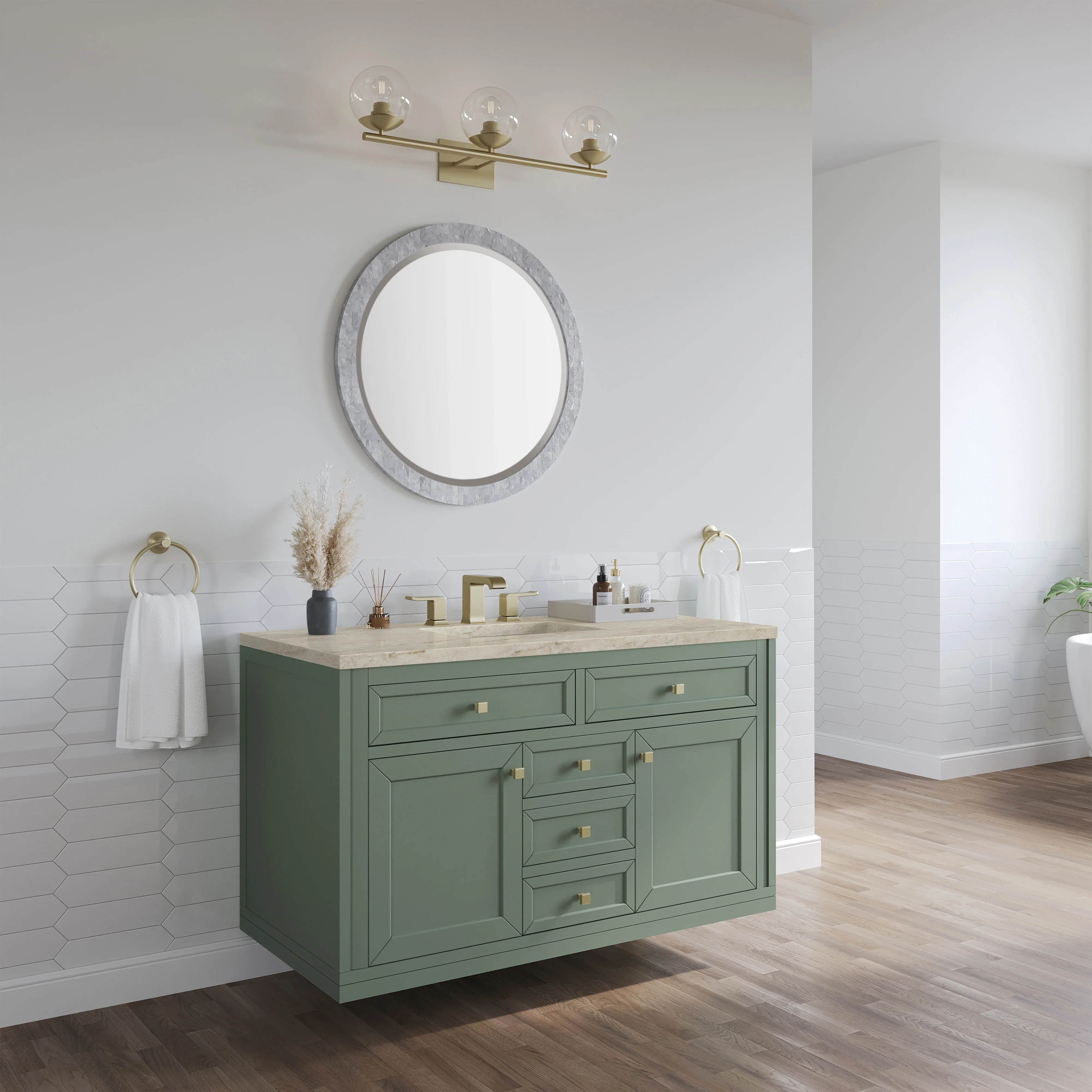 Chicago 48" Single Vanity, Smokey Celadon, w/ 3 CM Tajnar Eclos Top w/FreePower Wireless Charger