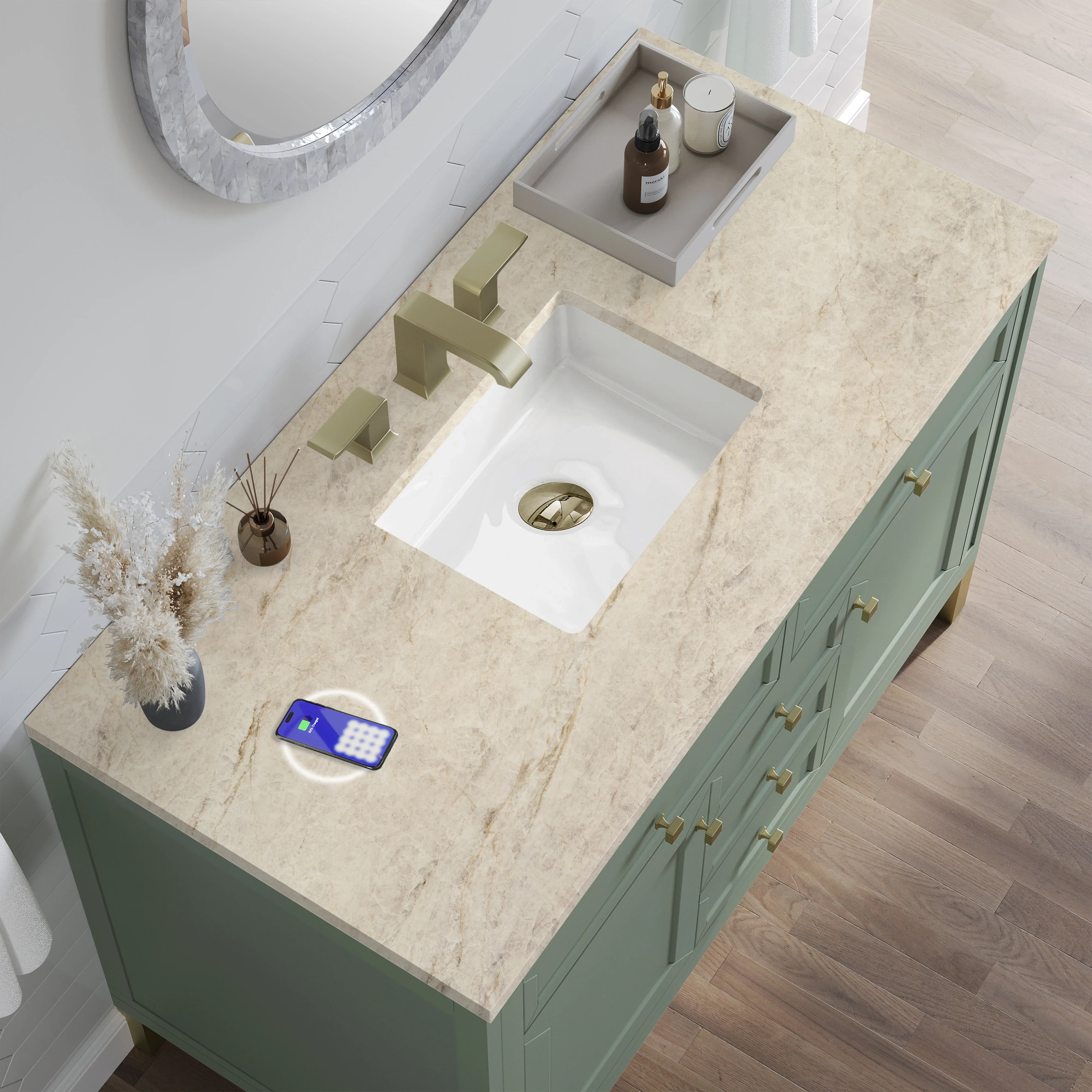 Chicago 48" Single Vanity, Smokey Celadon, w/ 3 CM Tajnar Eclos Top w/FreePower Wireless Charger