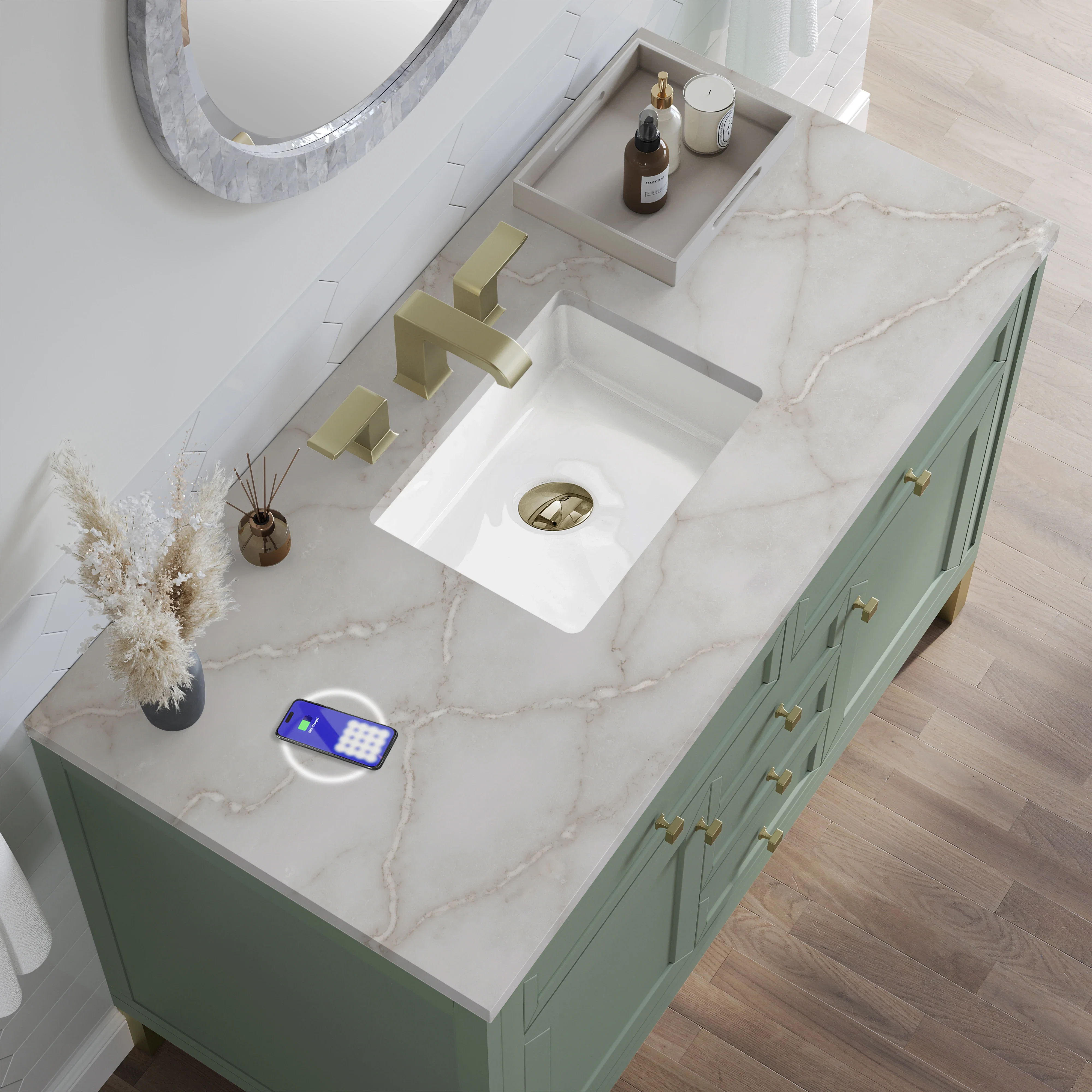 Chicago 48" Single Vanity, Smokey Celadon, w/ 3 CM Victorian Silver Silestone® Top w/FreePower Wireless Charger