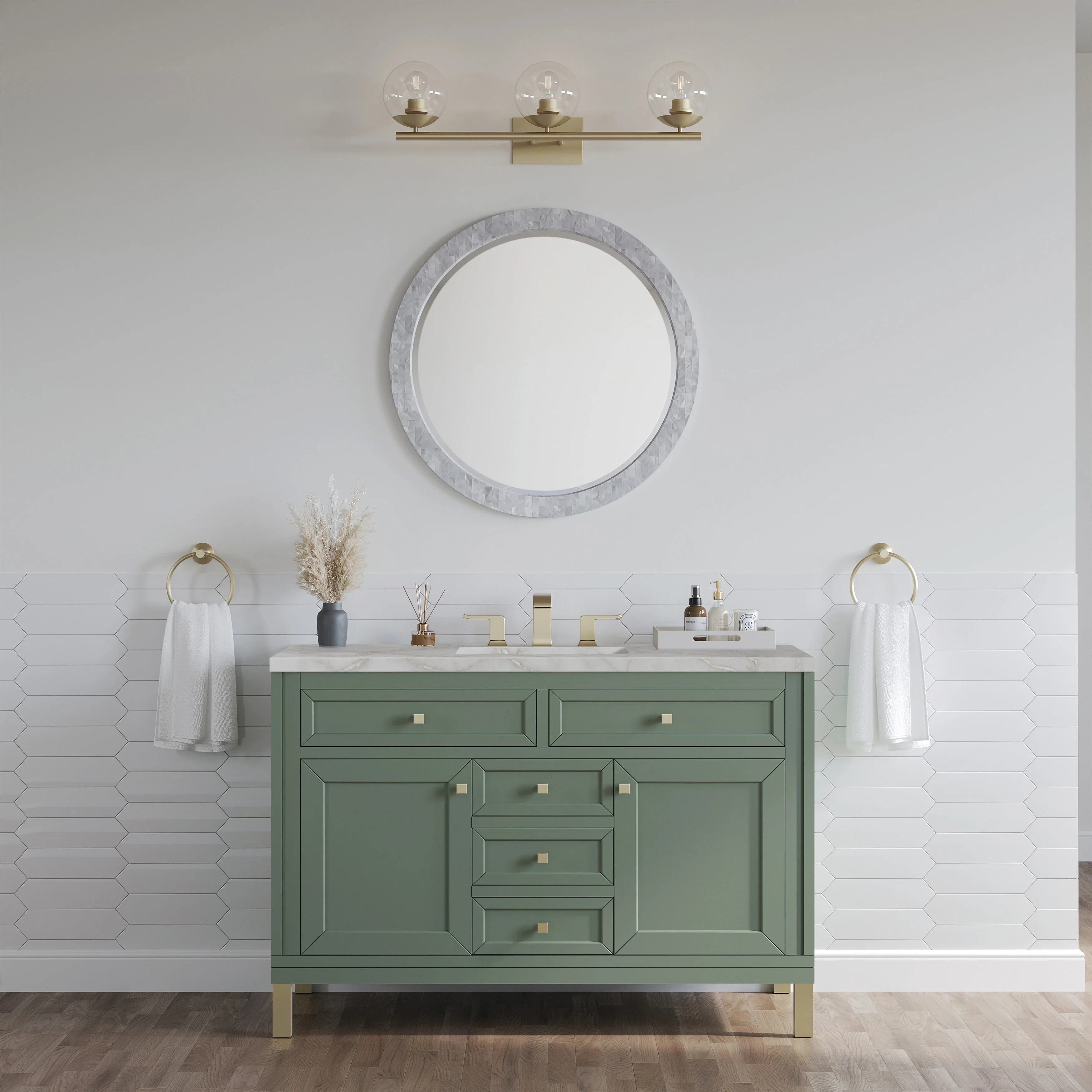 Chicago 48" Single Vanity, Smokey Celadon, w/ 3 CM Victorian Silver Silestone® Top w/FreePower Wireless Charger