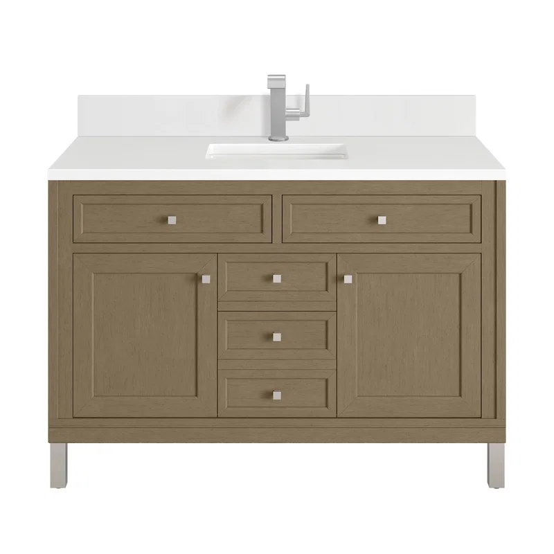 Chicago 48" Single Vanity, Walnut Whisper, w/ Single Hole 3CM White Zeus Silestone® Top & Backsplash