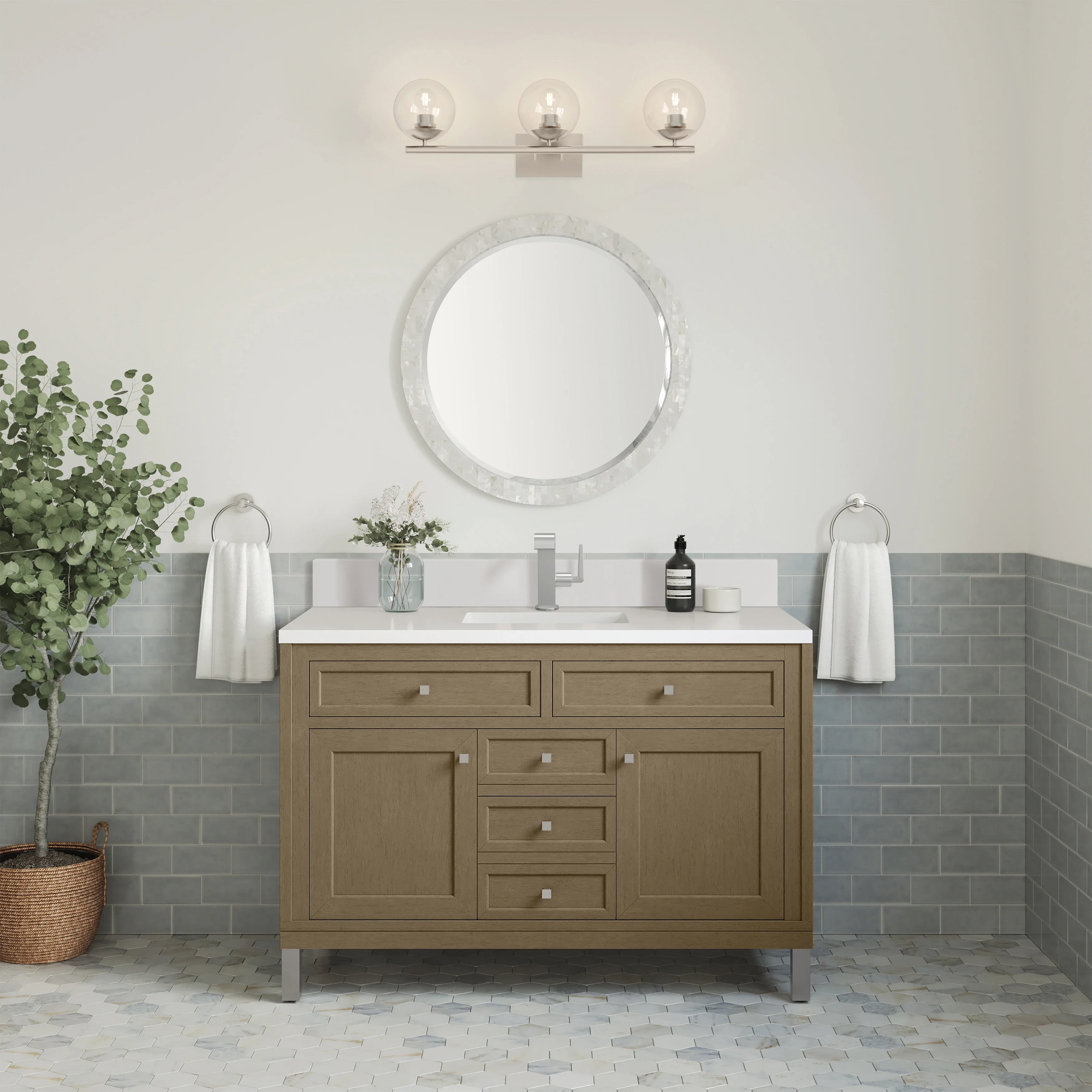 Chicago 48" Single Vanity, Walnut Whisper, w/ Single Hole 3CM White Zeus Silestone® Top & Backsplash
