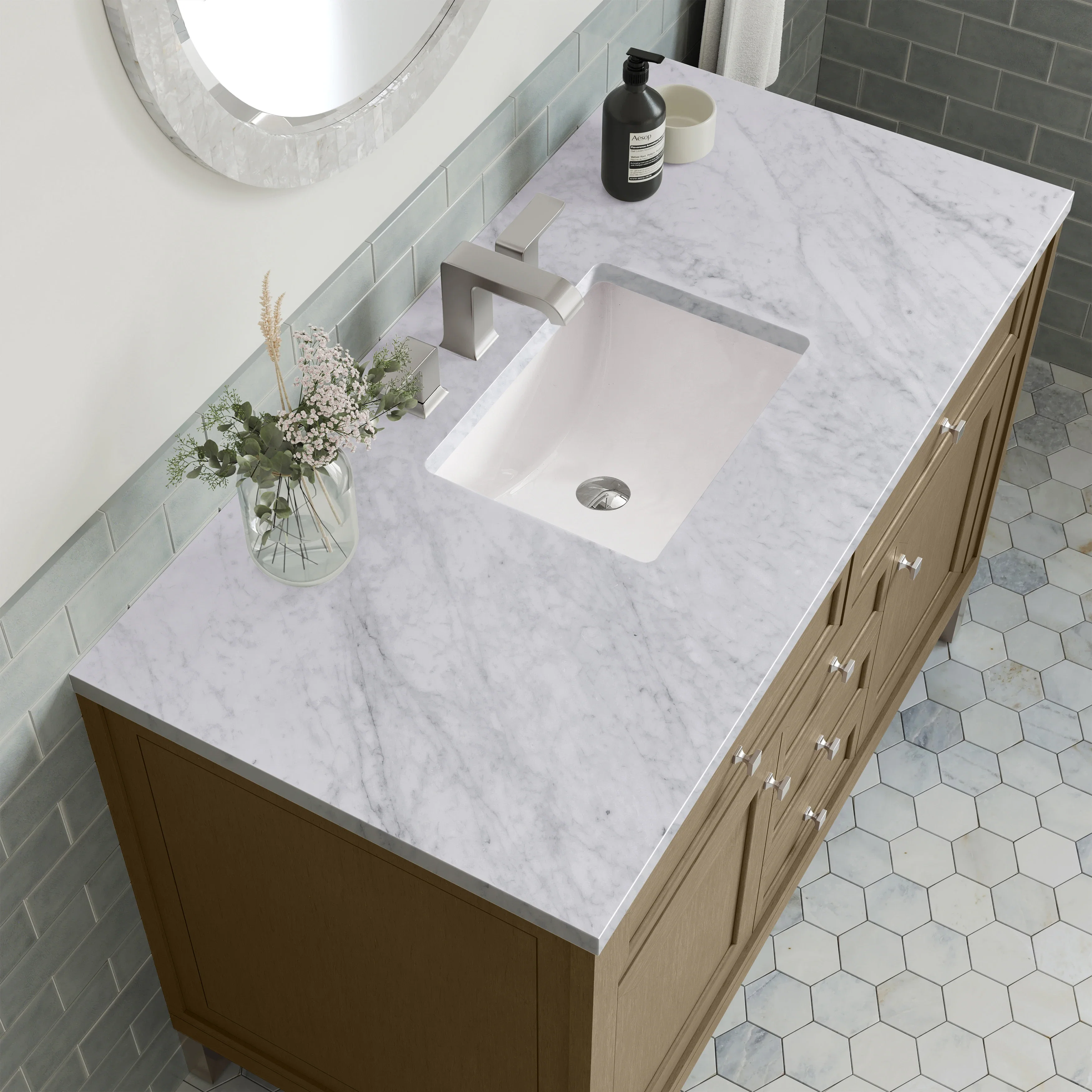 Chicago 48" Single Vanity, Walnut Whisper, w/ 3 CM Carrara Marble Top