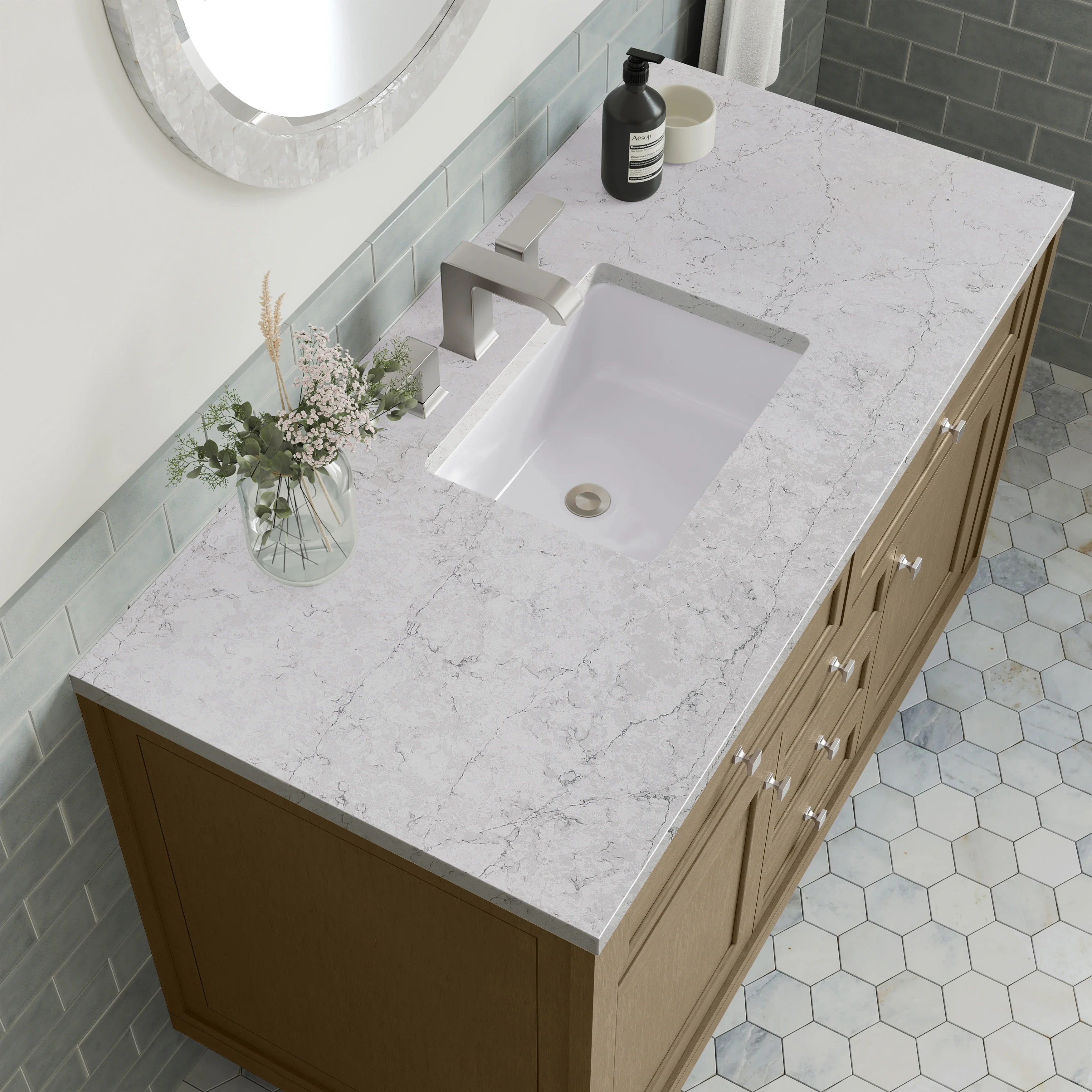 Chicago 48" Single Vanity, Walnut Whisper, w/ 3 CM Eternal Jasmine Pearl Silestone® Top