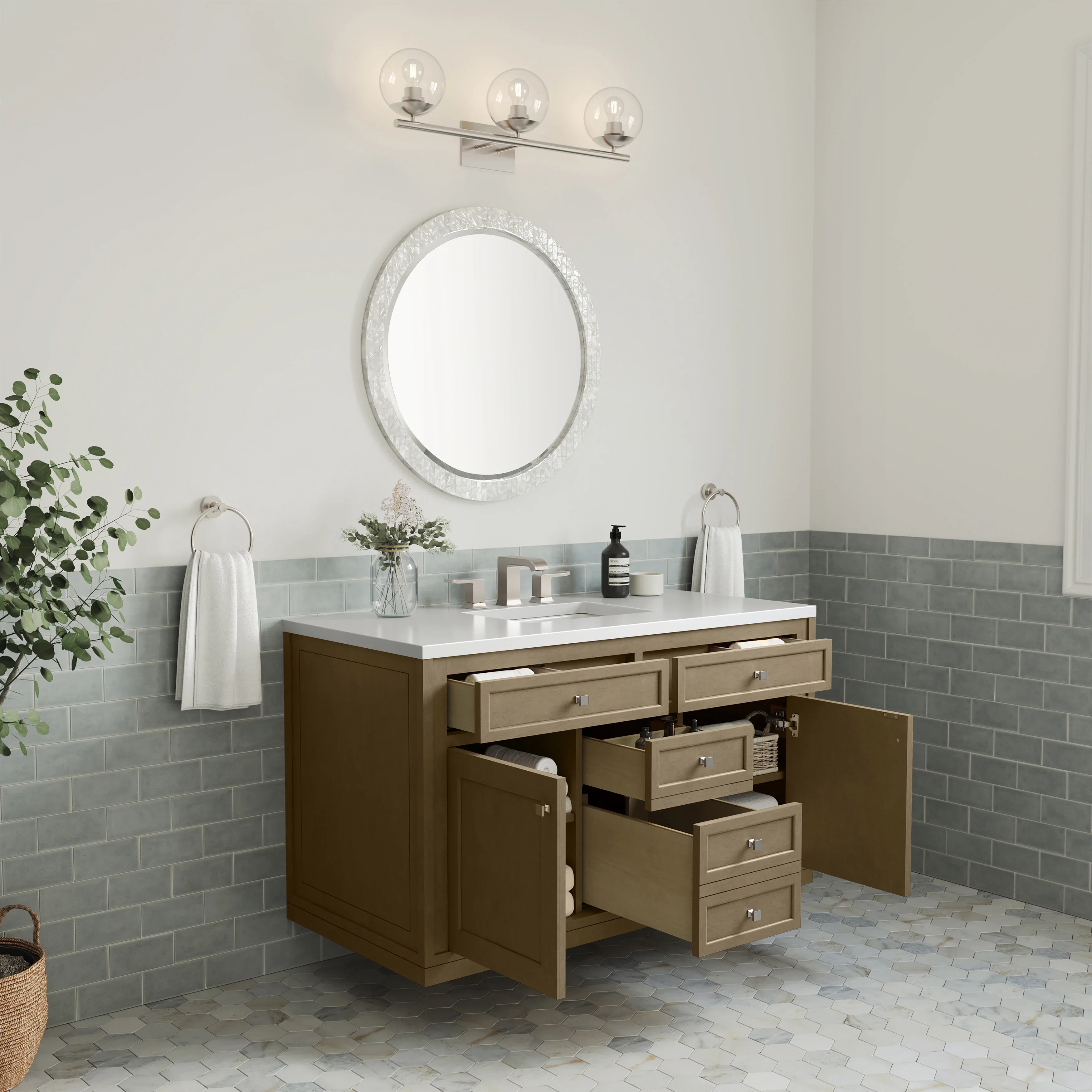 Chicago 48" Single Vanity, Walnut Whisper, w/ 3 CM White Zeus Silestone® Top