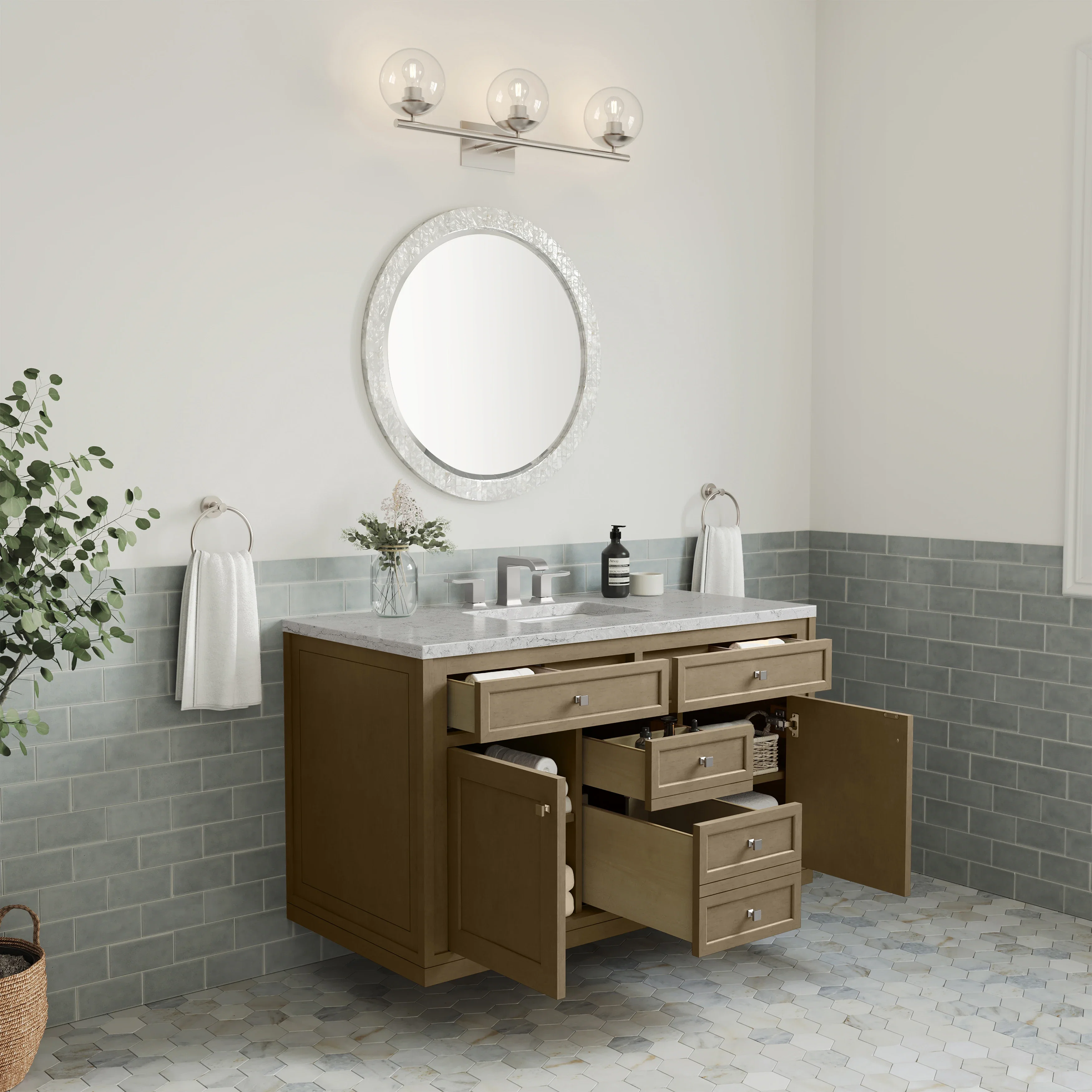 Chicago 48" Single Vanity, Walnut Whisper, w/ 3 CM Eternal Jasmine Pearl Silestone® Top w/FreePower Wireless Charger