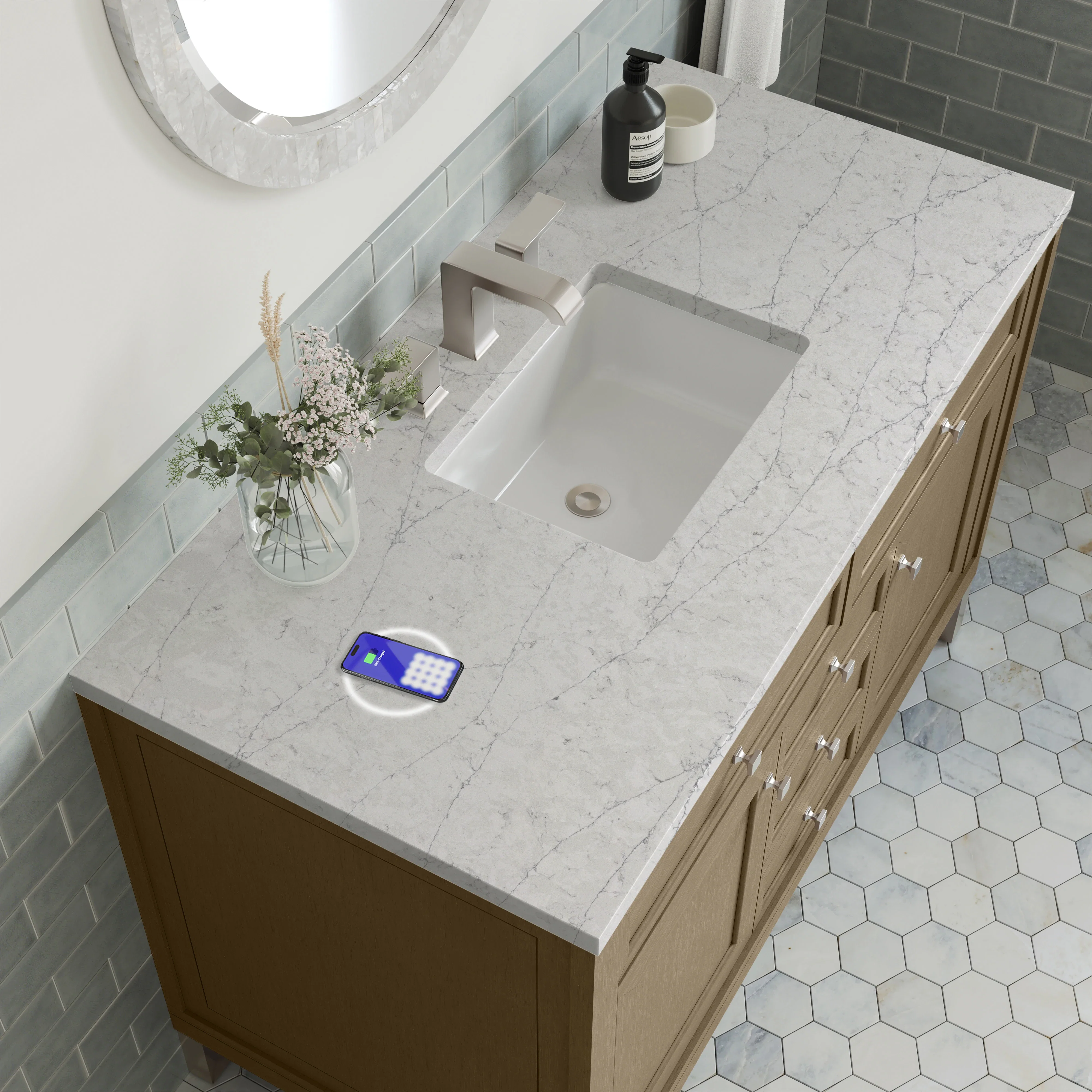 Chicago 48" Single Vanity, Walnut Whisper, w/ 3 CM Eternal Jasmine Pearl Silestone® Top w/FreePower Wireless Charger