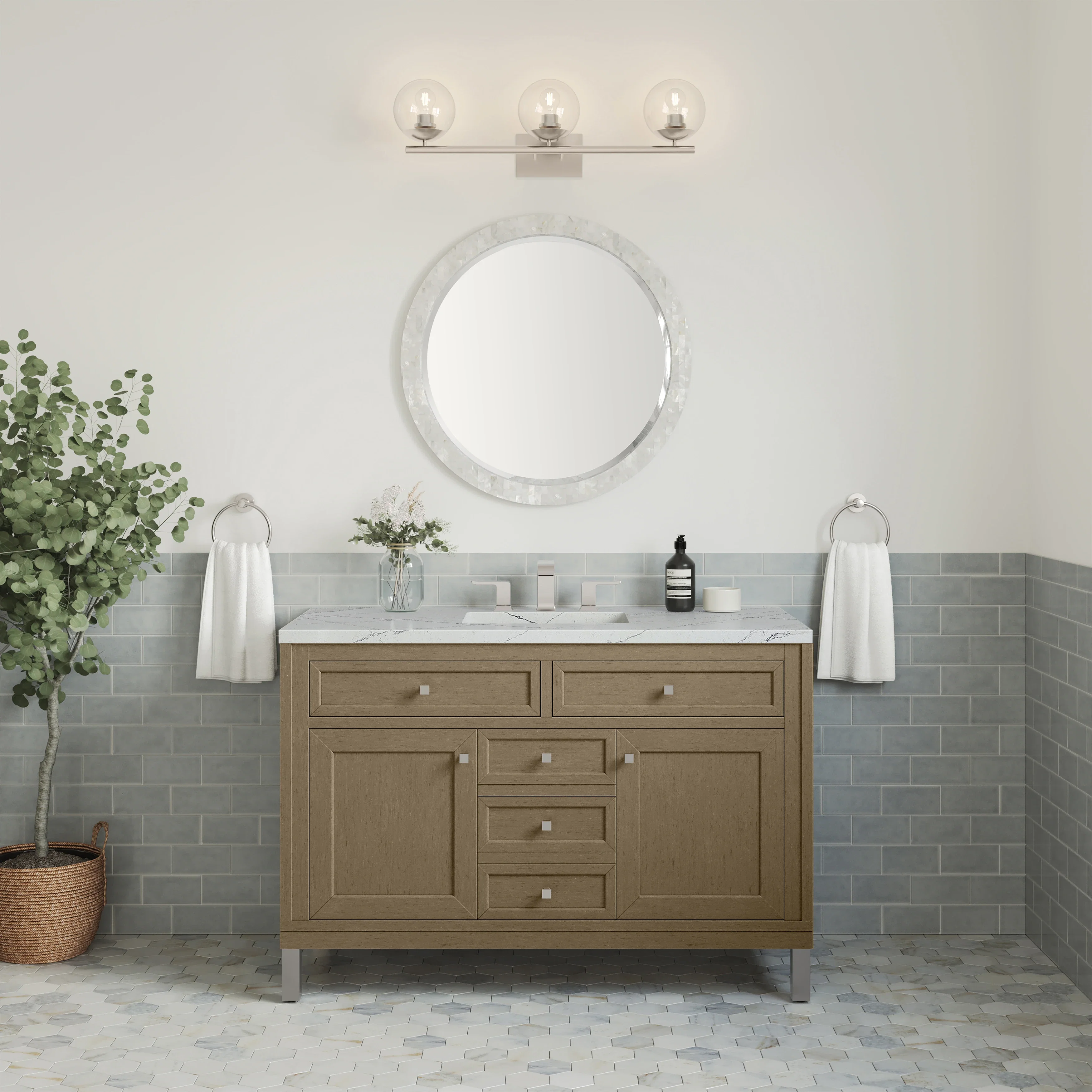 Chicago 48" Single Vanity, Walnut Whisper, w/ 3 CM Ethereal Noctis Silestone® Top w/FreePower Wireless Charger