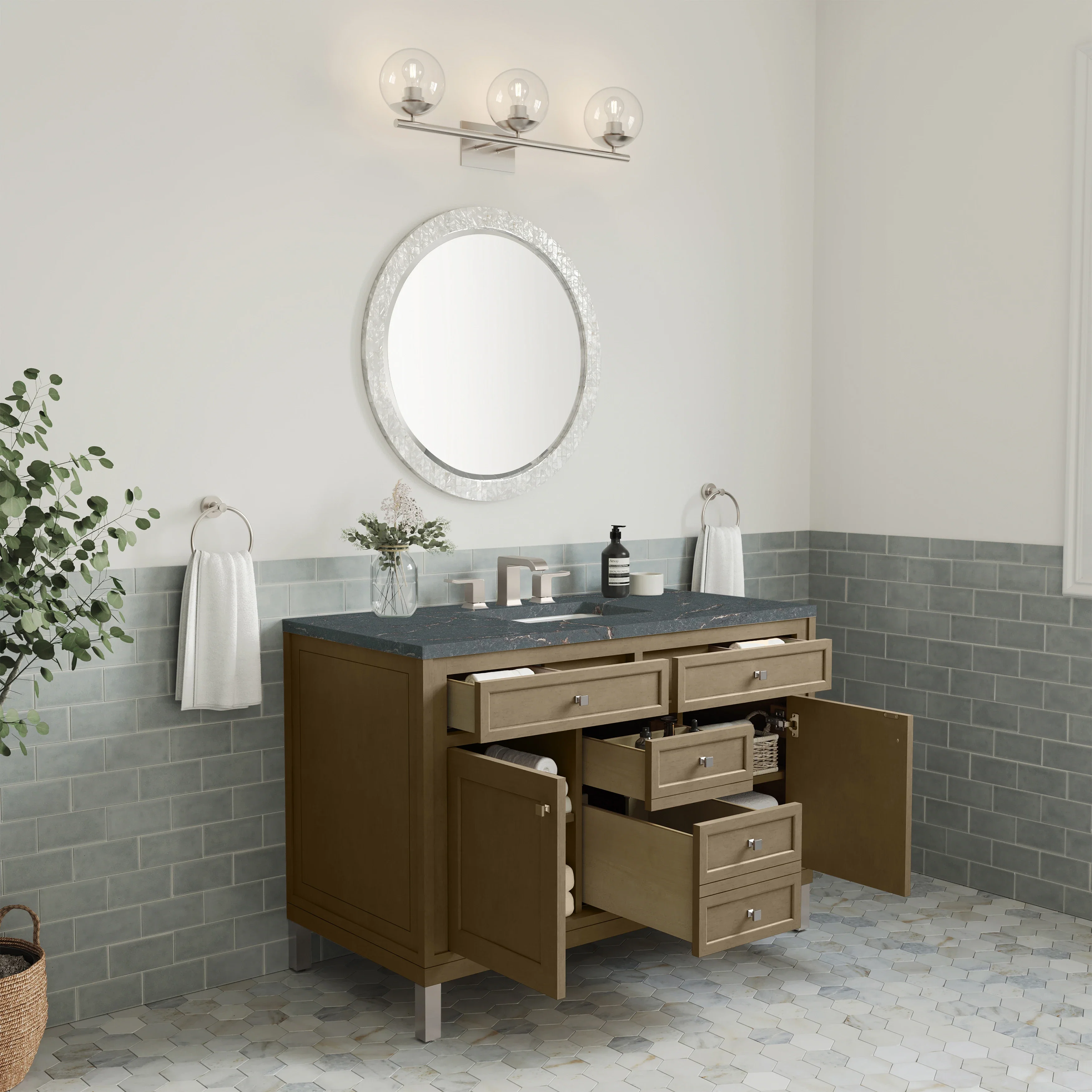 Chicago 48" Single Vanity, Walnut Whisper, w/ 3 CM Parisien Bleu Silestone® Top w/FreePower Wireless Charger