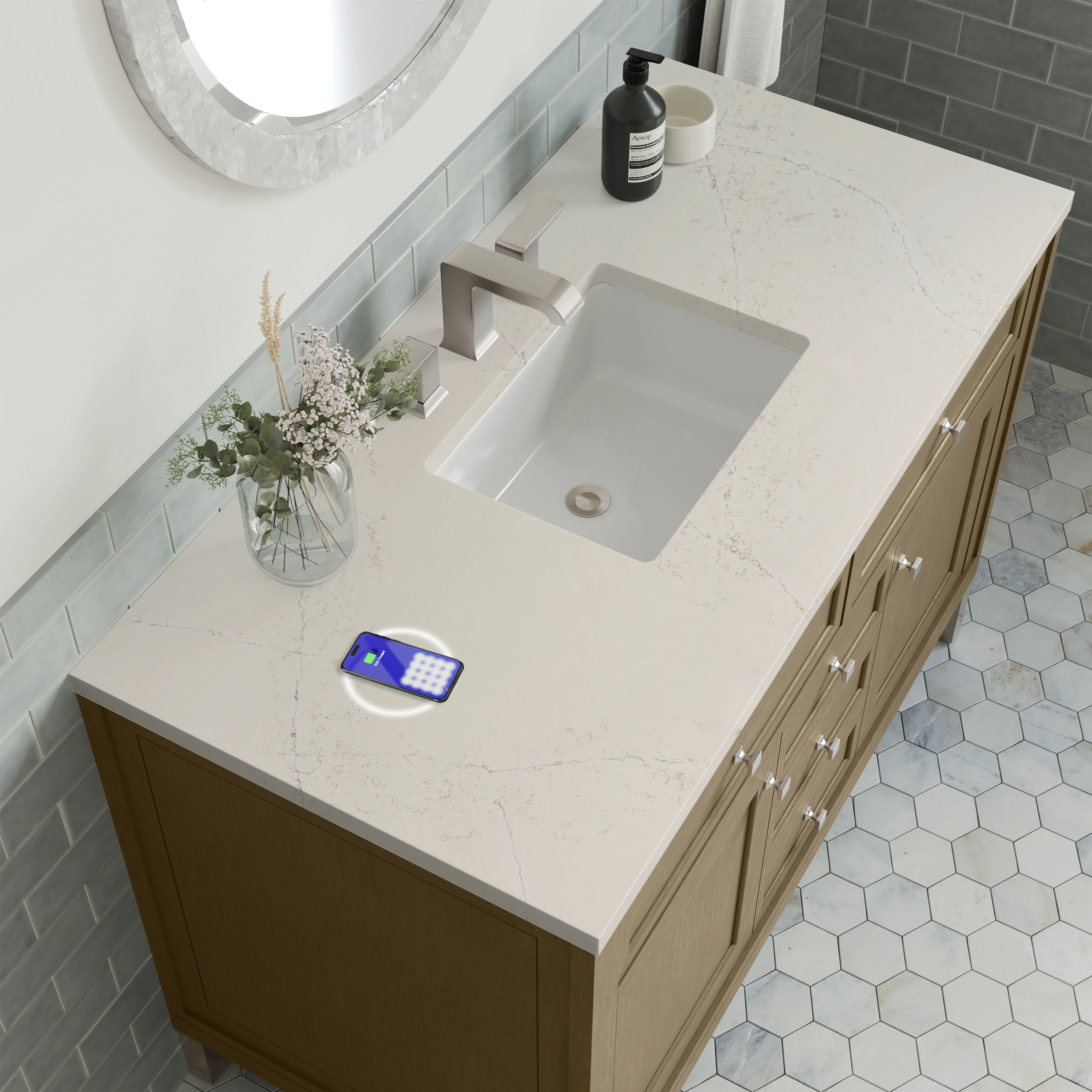 Chicago 48" Single Vanity, Walnut Whisper, w/ 3 CM Siberian Silestone Top w/FreePower Wireless Charger