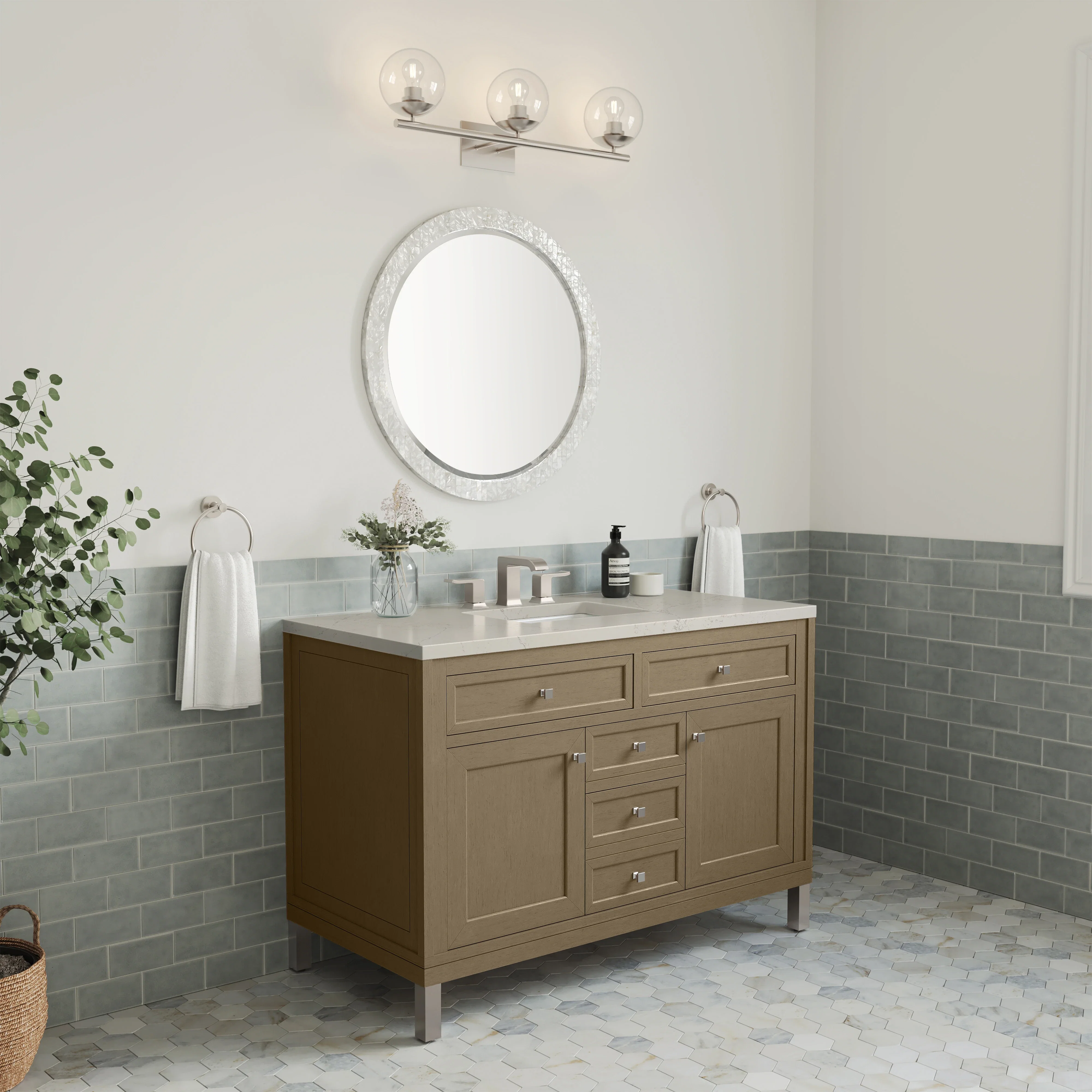 Chicago 48" Single Vanity, Walnut Whisper, w/ 3 CM Siberian Silestone Top w/FreePower Wireless Charger
