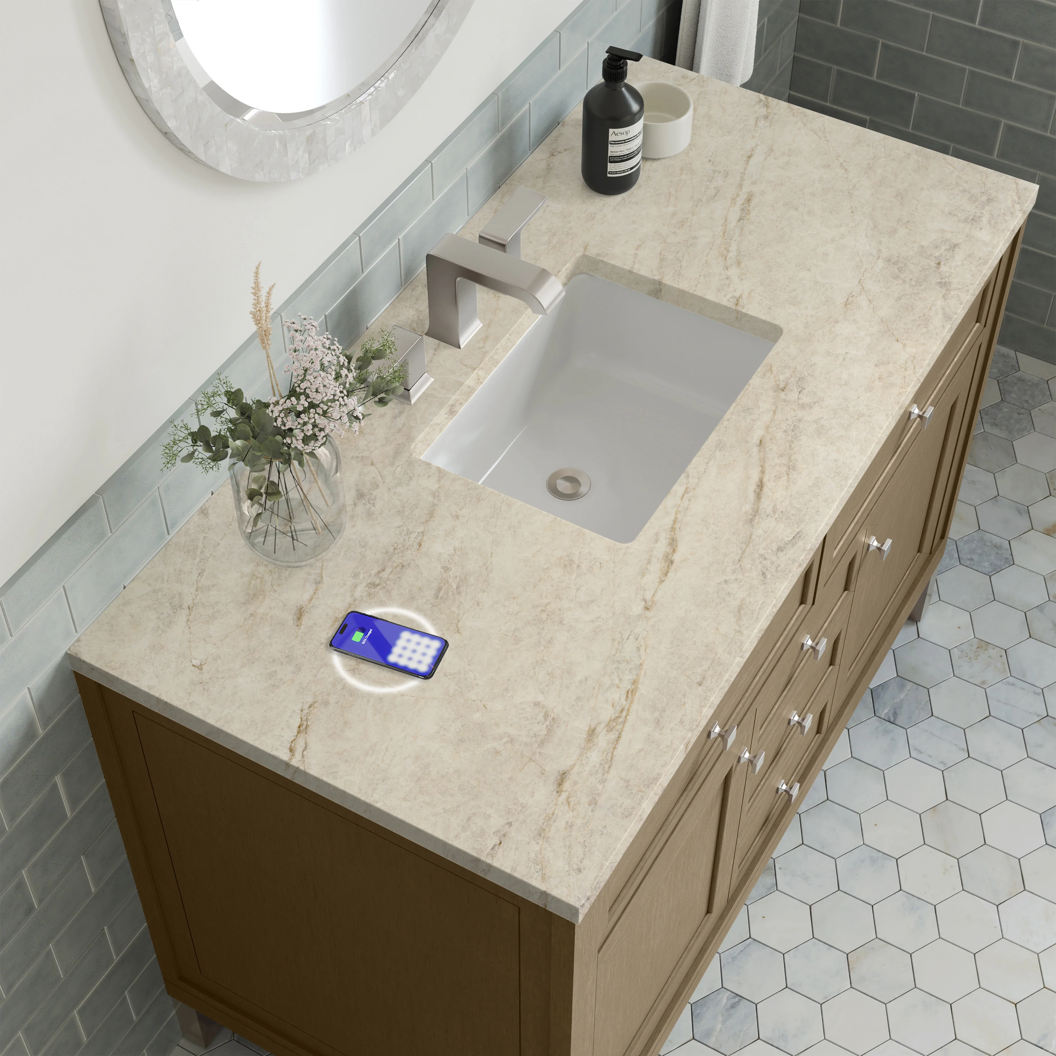 Chicago 48" Single Vanity, Walnut Whisper, w/ 3 CM Tajnar Eclos Top w/FreePower Wireless Charger