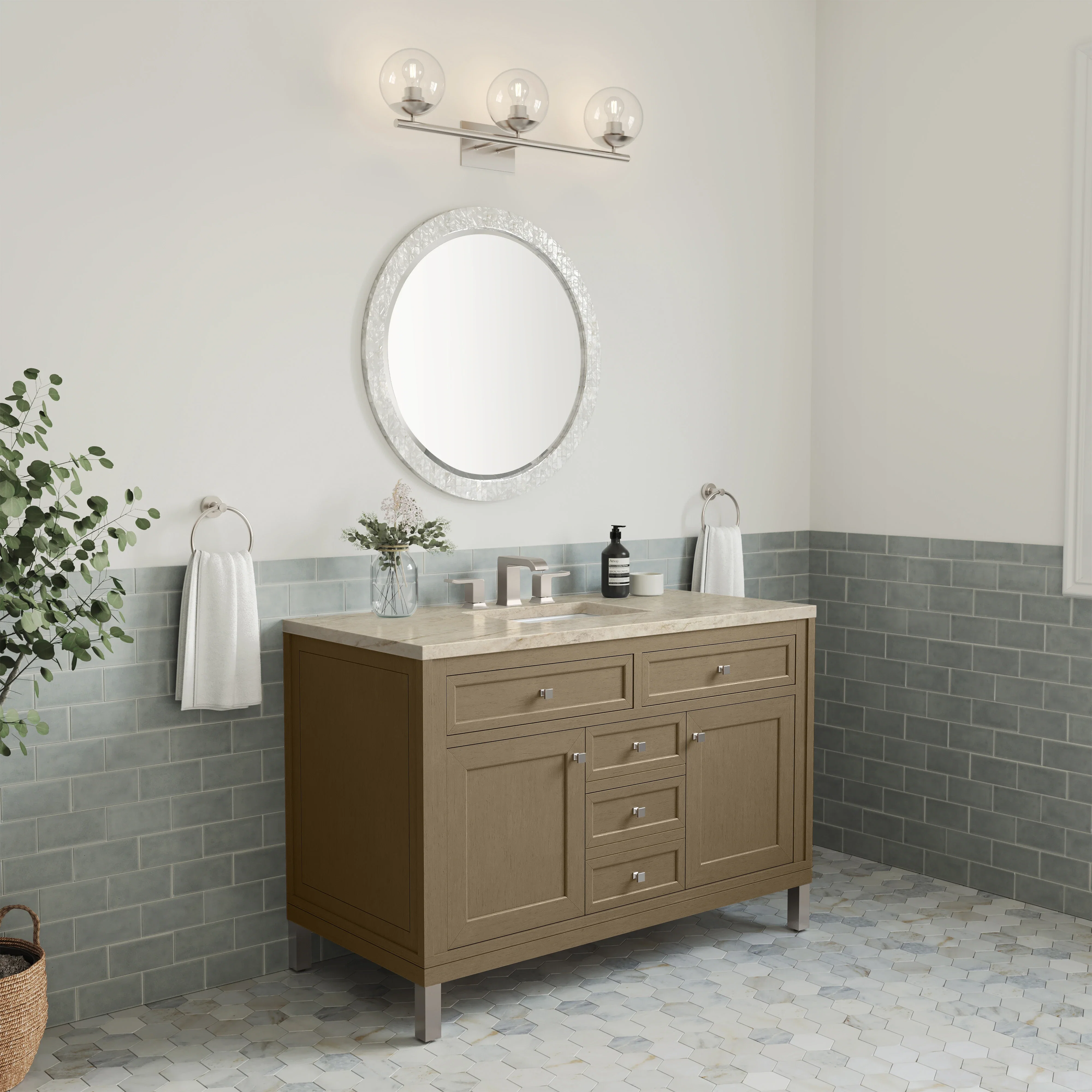 Chicago 48" Single Vanity, Walnut Whisper, w/ 3 CM Tajnar Eclos Top w/FreePower Wireless Charger