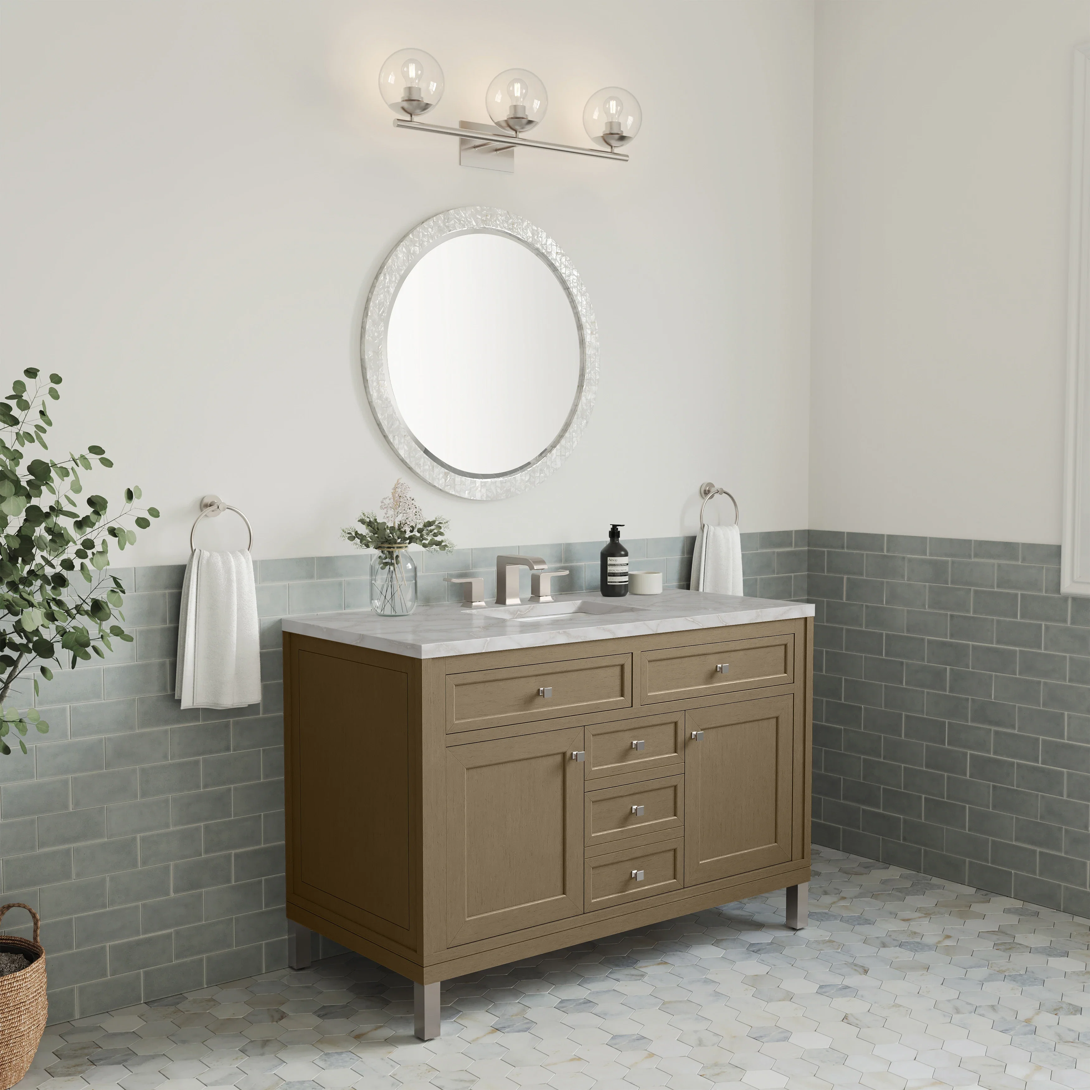 Chicago 48" Single Vanity, Walnut Whisper, w/ 3 CM Victorian Silver Silestone® Top w/FreePower Wireless Charger